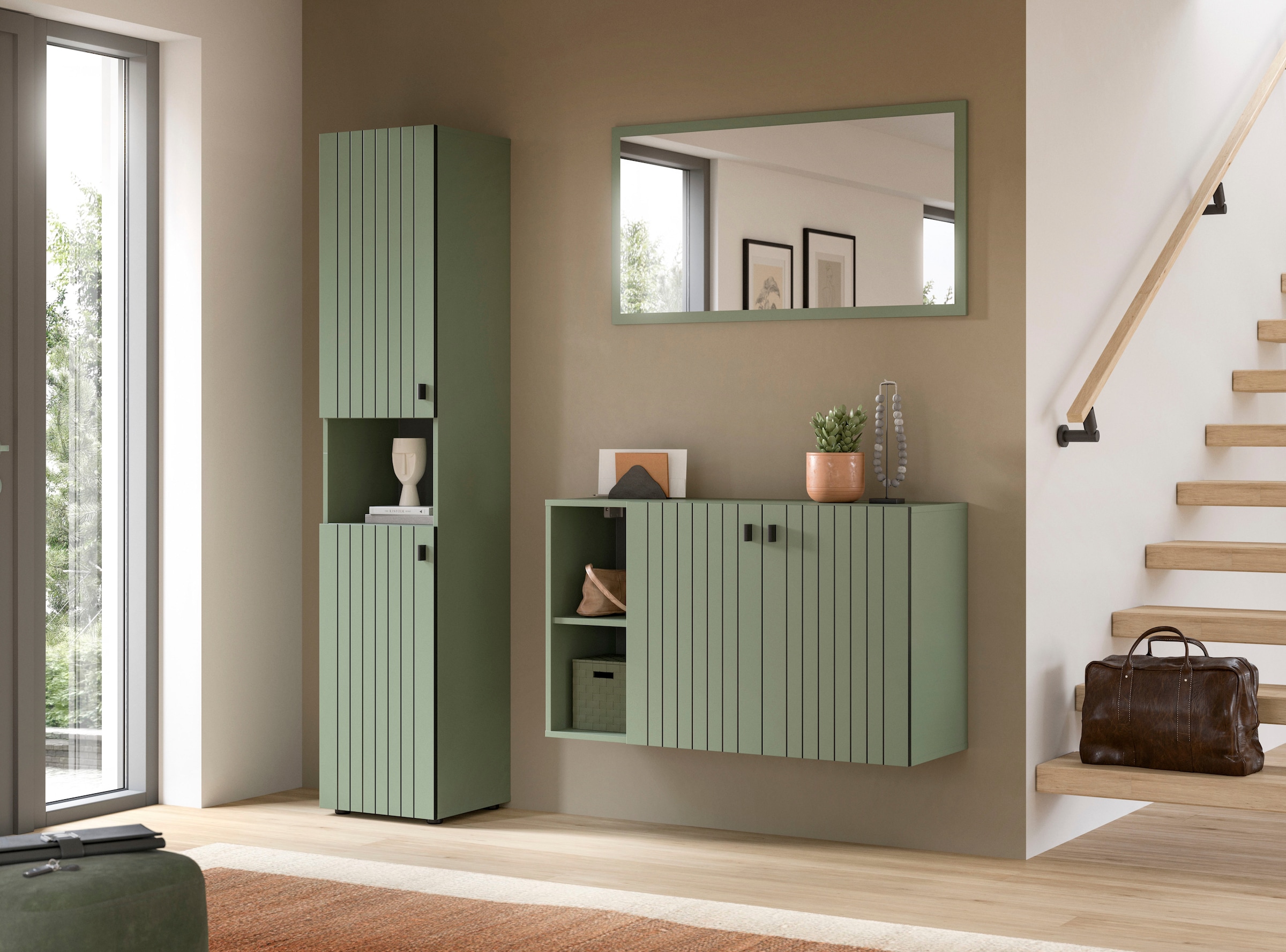 INOSIGN Garderoben-Set »TATIO, 3-tlg. Garderobenkombination, Breite: 161 cm, Rillenfräsung« Set, Set, best. aus: 1 Spiegel, 1 Garderobenschrank, 1 Schuhkommode, 3 Stk. tlg.