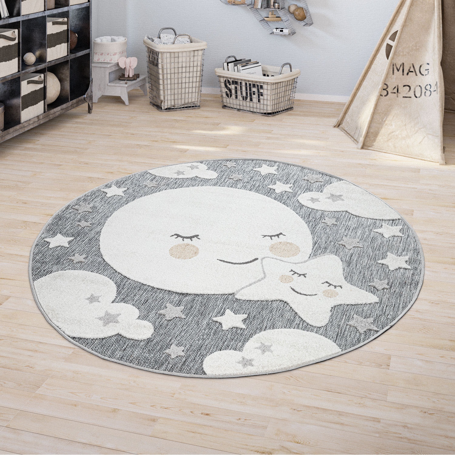Paco Home Kinderteppich »Tweet 465«, rund, 12 mm Höhe, Flachgewebe, Hoch-Tief-Effekt, Motiv Mond & Sterne, Outdoor geeignet