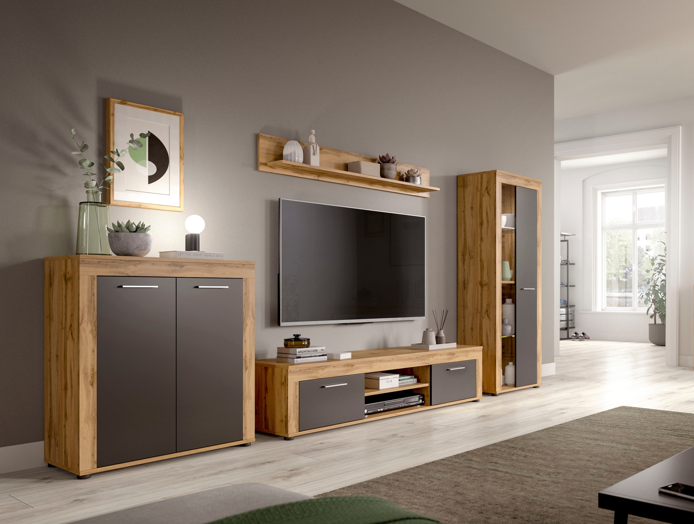 INOSIGN Wohnwand »Aosta, Breite 330cm, best. aus Highboard, Lowboard, Wandboard, Vitrine«, (4 St.), Wohnwand, Kombination, Anbauwand, Möbel Set, Schrankwand, Möbel Kombi
