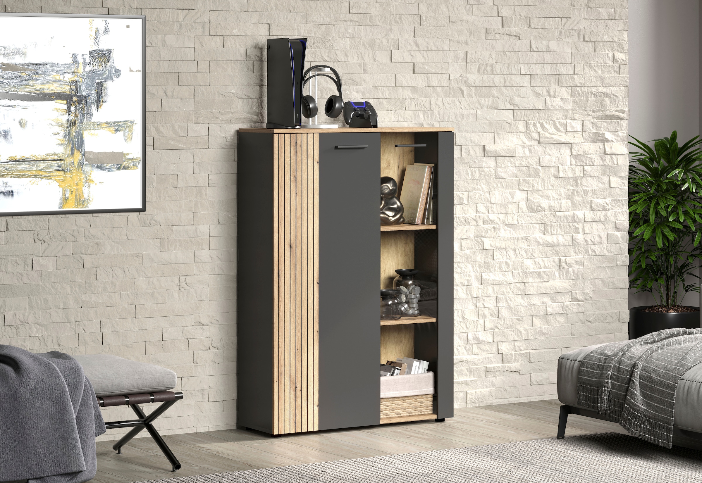 Home affaire Highboard »Estepona« 1 Stk. tlg. Vitrine, Tür mit Rillen-Optik, Breite 91 cm