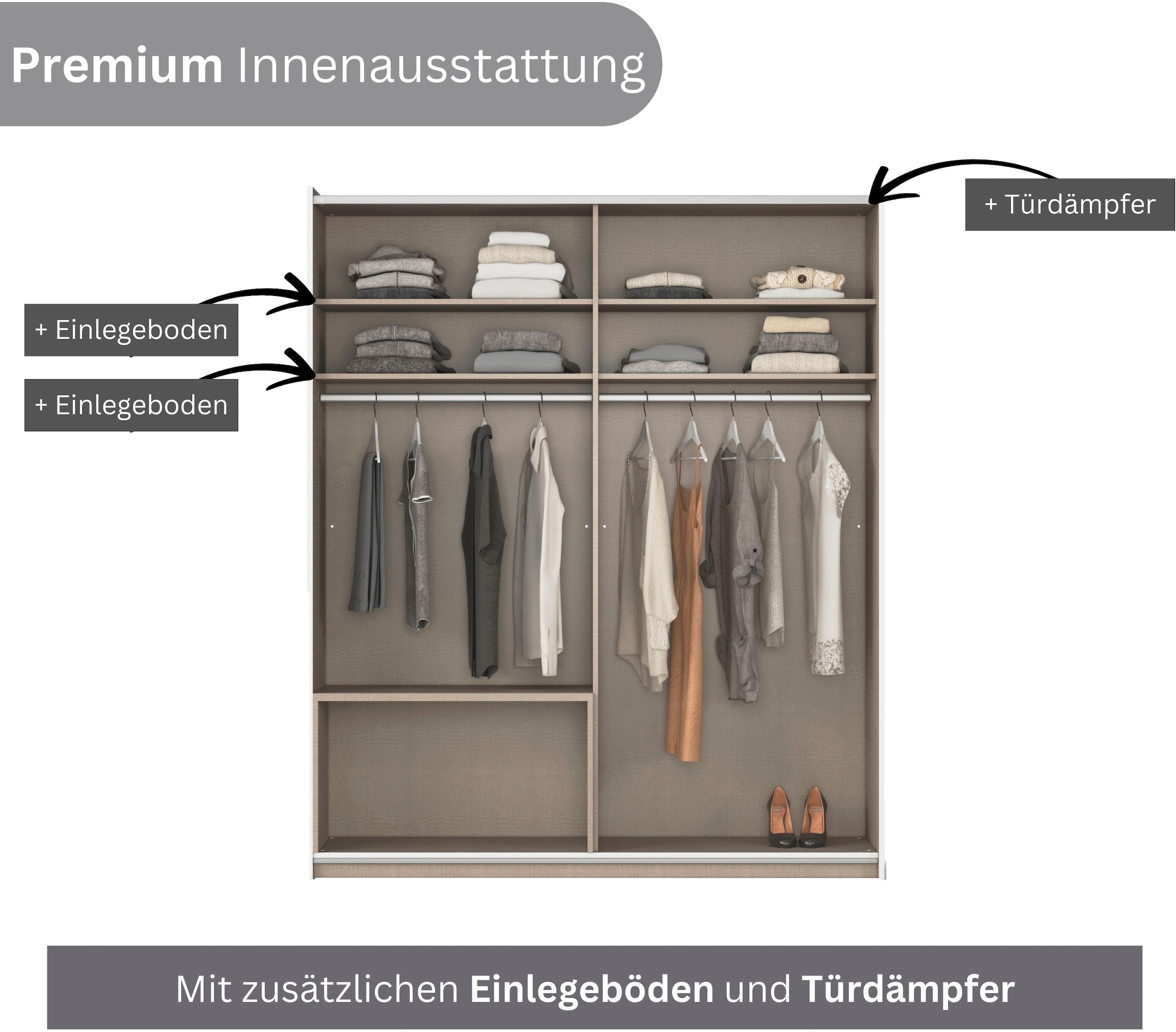 rauch Schwebetürenschrank »Kleiderschrank Schrank Garderobe Wäscheschrank SEVILLA mit Spiegel«, (in 3 verschiedenen Ausstattungen BASIC/CLASSIC/PREMIUM), Metall-Griffleisten alufarben oder Graumetallic MADE IN GERMANY