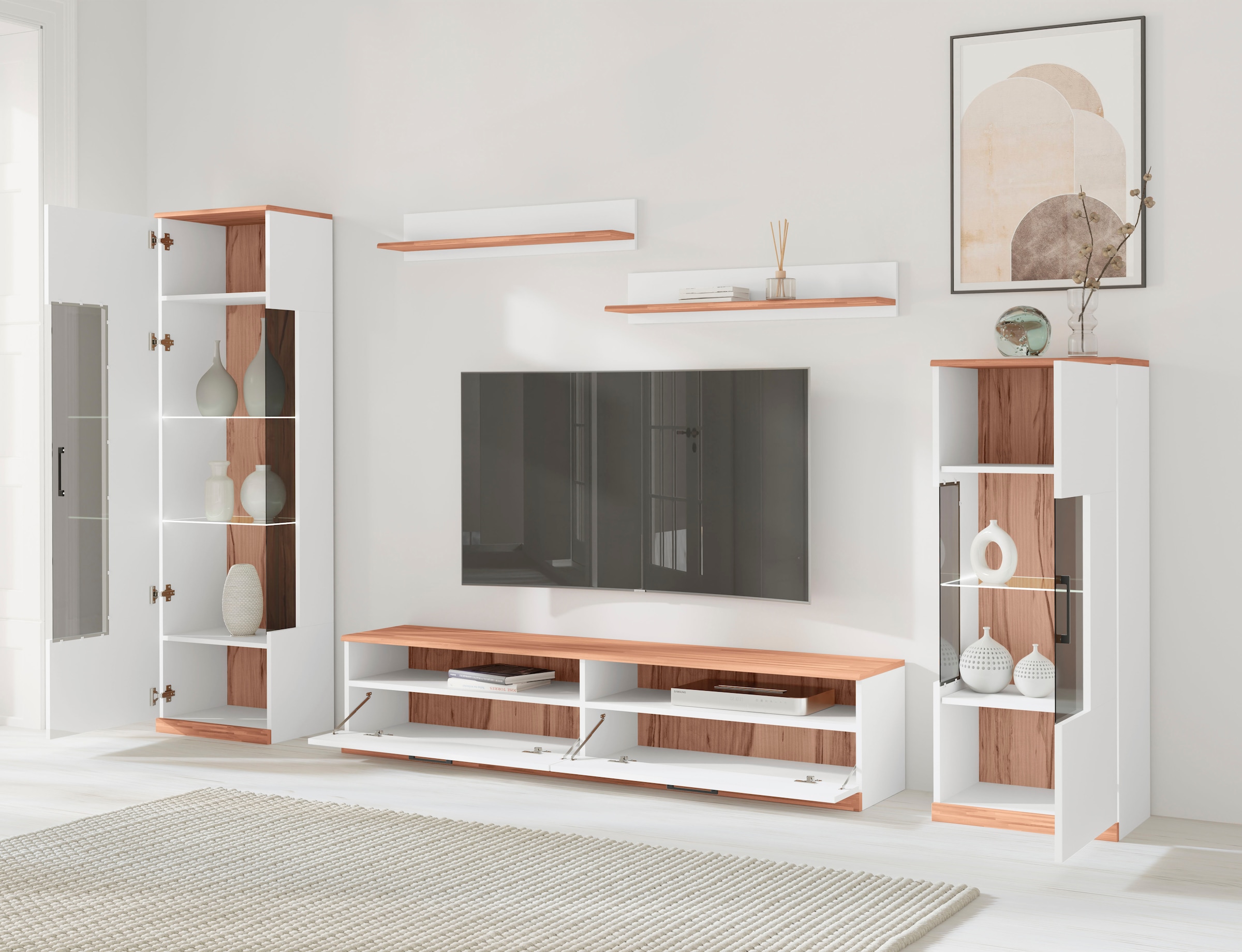 Home affaire Wohnwand »Ribe Wohnwand Set-5 St.« Set, 5 Stk. tlg. Glaseinsatz aus gehärtetem Glas,Böden teilweise versetzbar