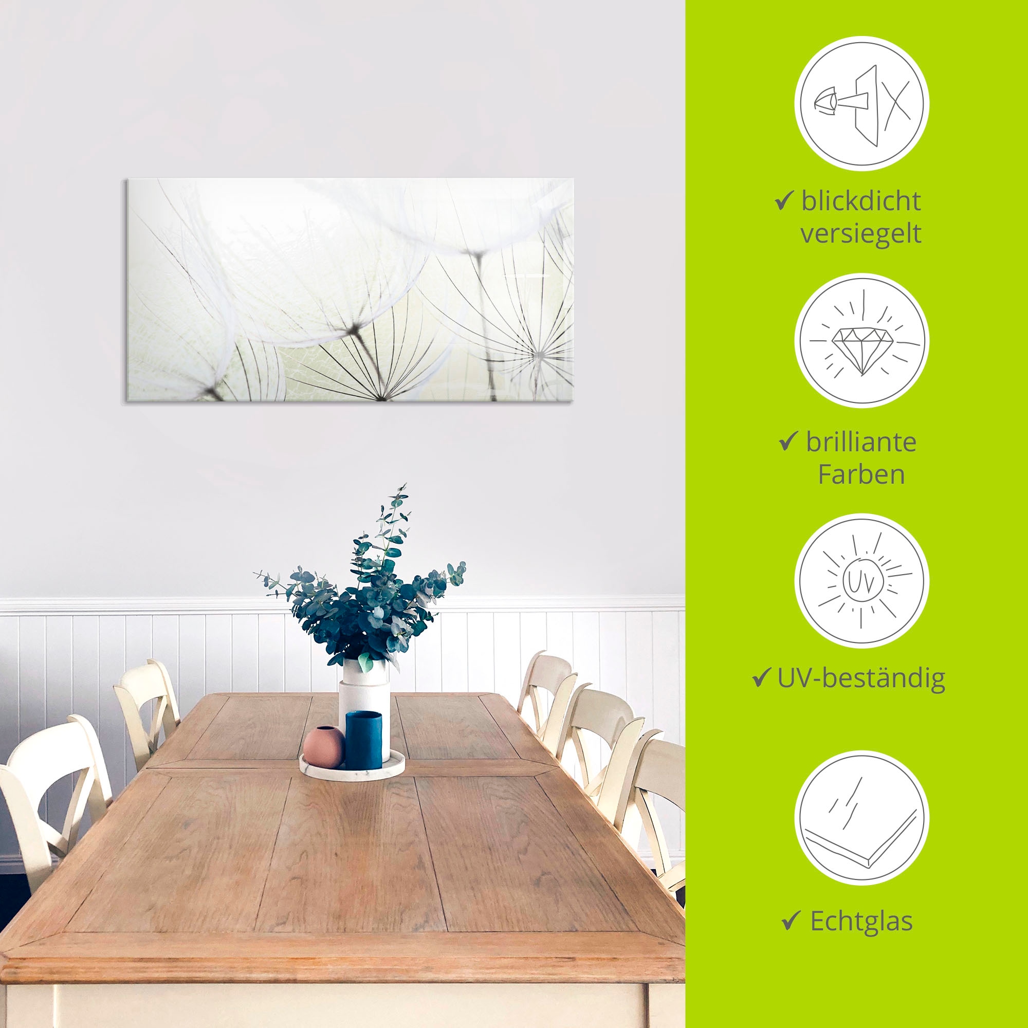 Artland Glasbild »Pusteblumen-Samen aufgehellt«, Blumen, (1 St.), in verschiedenen Größen