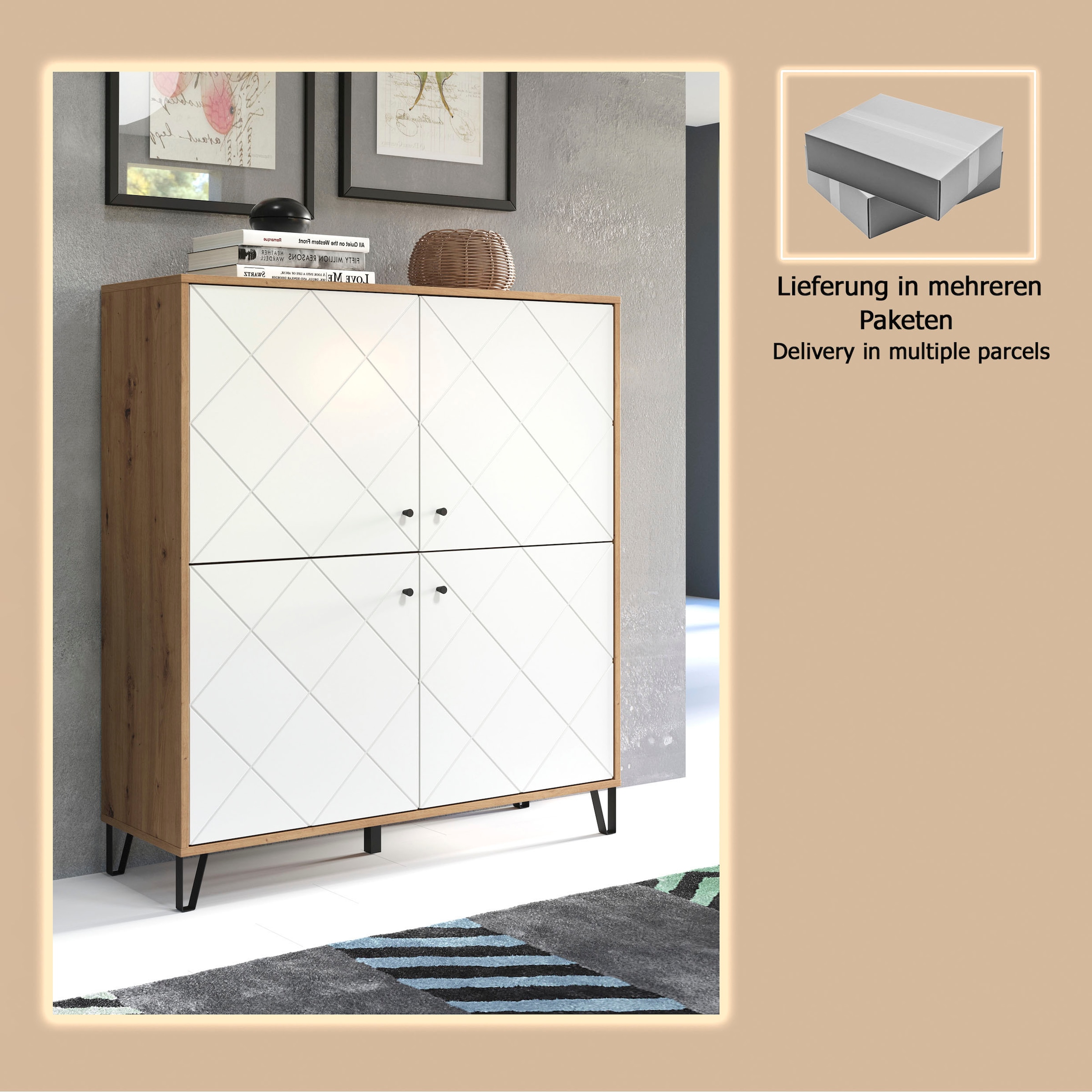 PLACES OF STYLE Highboard »Tarragona« Highboard mit 4 Türen & Soft-Close - (B/T/H) 123/40/136 cm