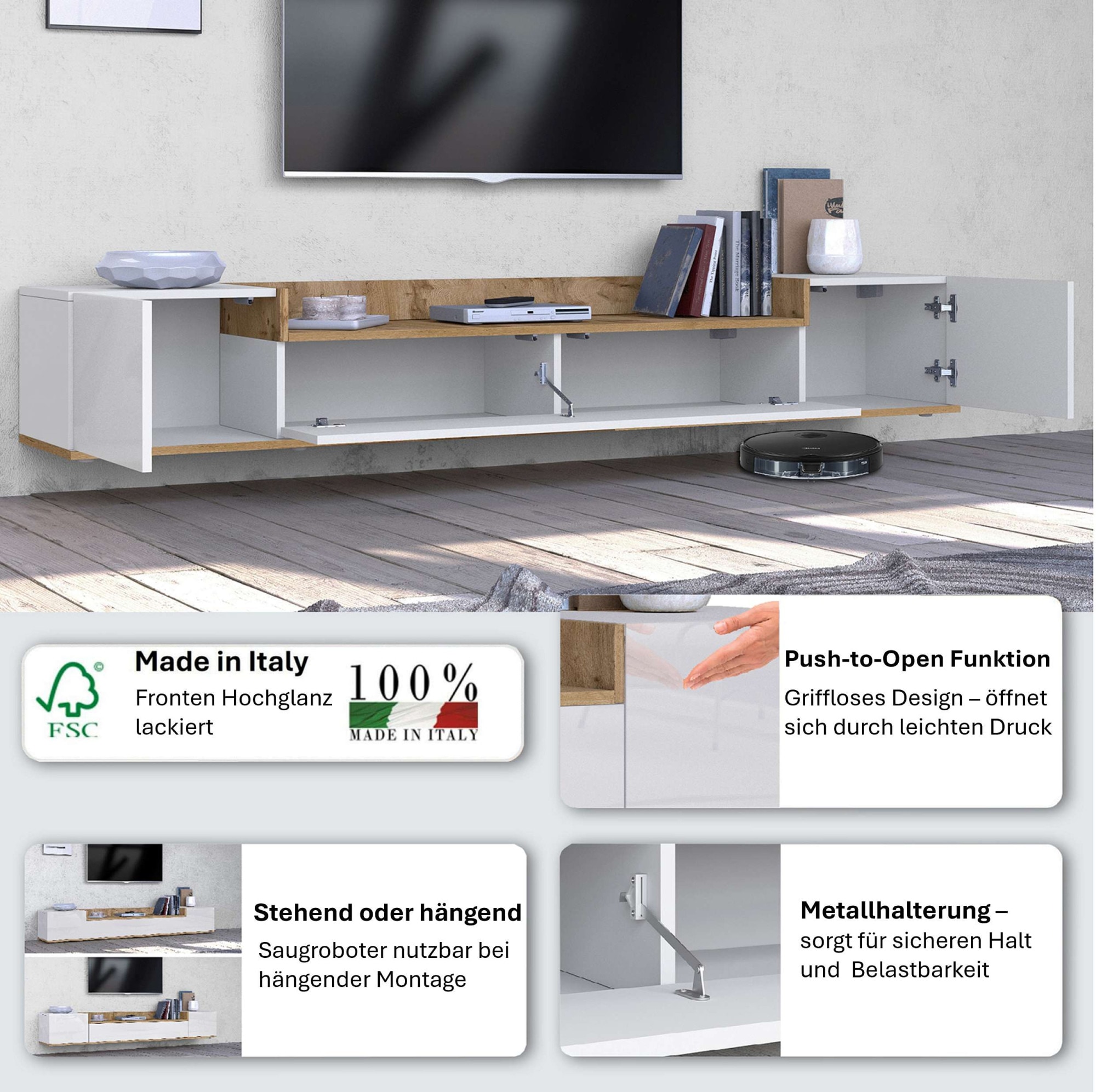 OTTO home Lowboard »BOLSENA,TV-Kommode, TV-Möbel,TV-Bank, 4 Fächer und offenes Ablagefach« 1 Stk. tlg. Breite 200 cm,stehend/hängend,Fronten Hochglanz lackiert,Made in Italy