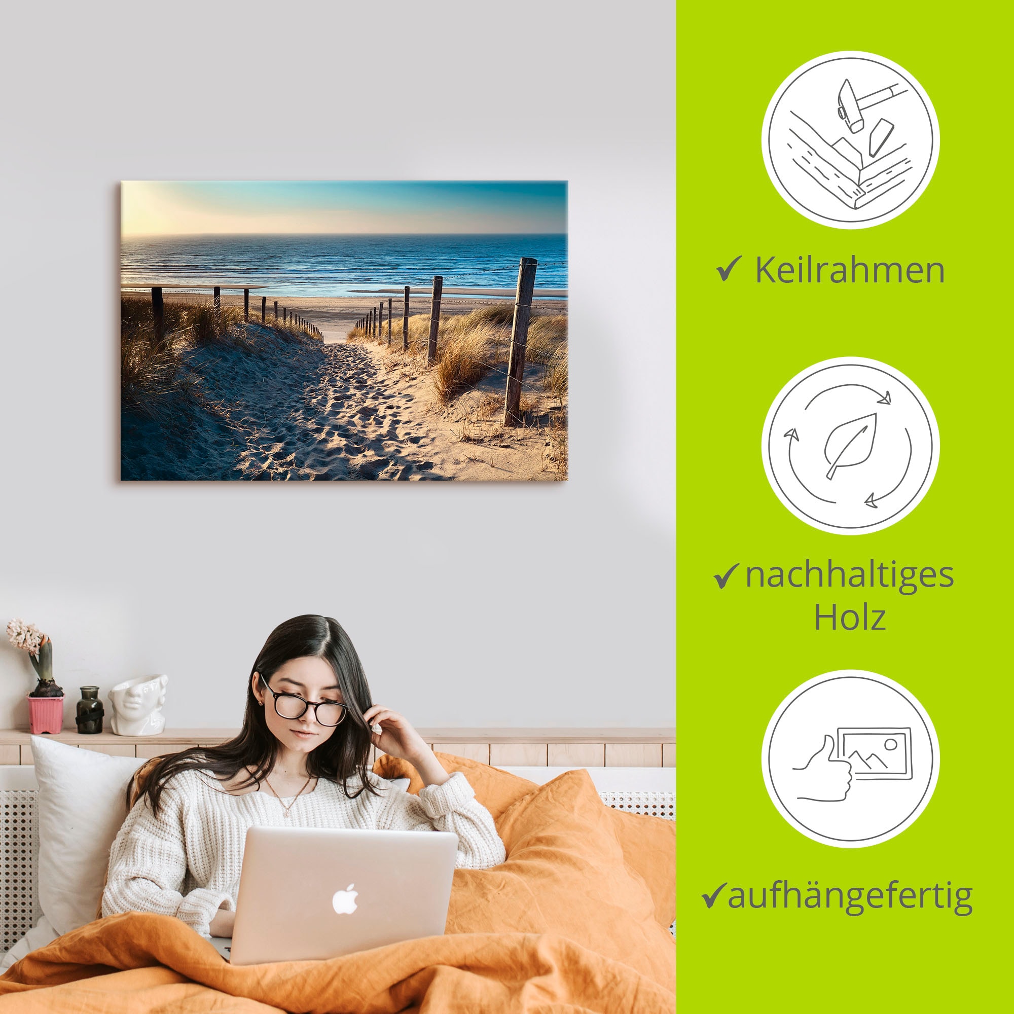 Artland Wandbild »Weg zum Nordseestrand Sonnenuntergang«, Strand, (1 St.), als Alubild, Outdoorbild, Leinwandbild, Poster, Wandaufkleber