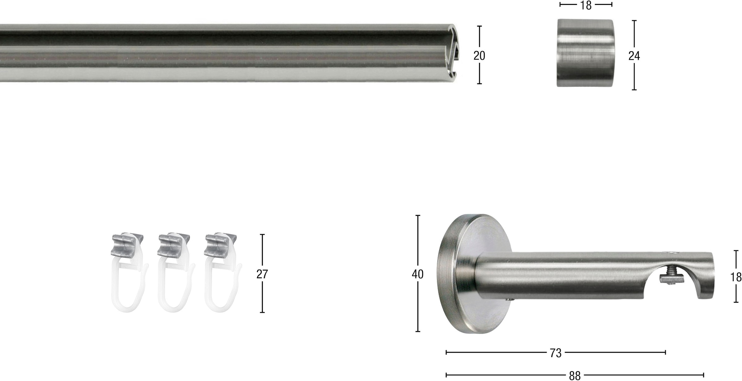 GARESA Gardinenstange »CHAPEAU«, 1 läufig-läufig, Wunschmaßlänge, Vorhanggarnitur, mit Ringe und Haken, verlängerbar, edelstahl optik