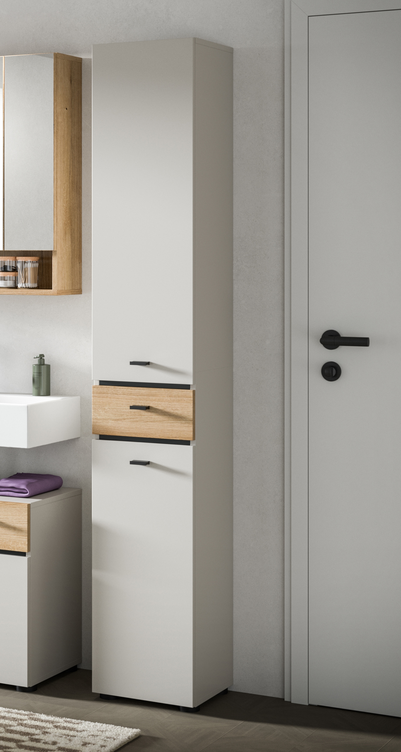 welltime Hochschrank »VANN, Höhe 191cm, 2 Türen, 1 Schubkasten, Türanschlag wechselbar« individuell mit weiteren Artikel der Serie VANN kombinierbar,  Universalschrank, Mehrzweckschrank, Schrank, Badschrank, Badezimmer