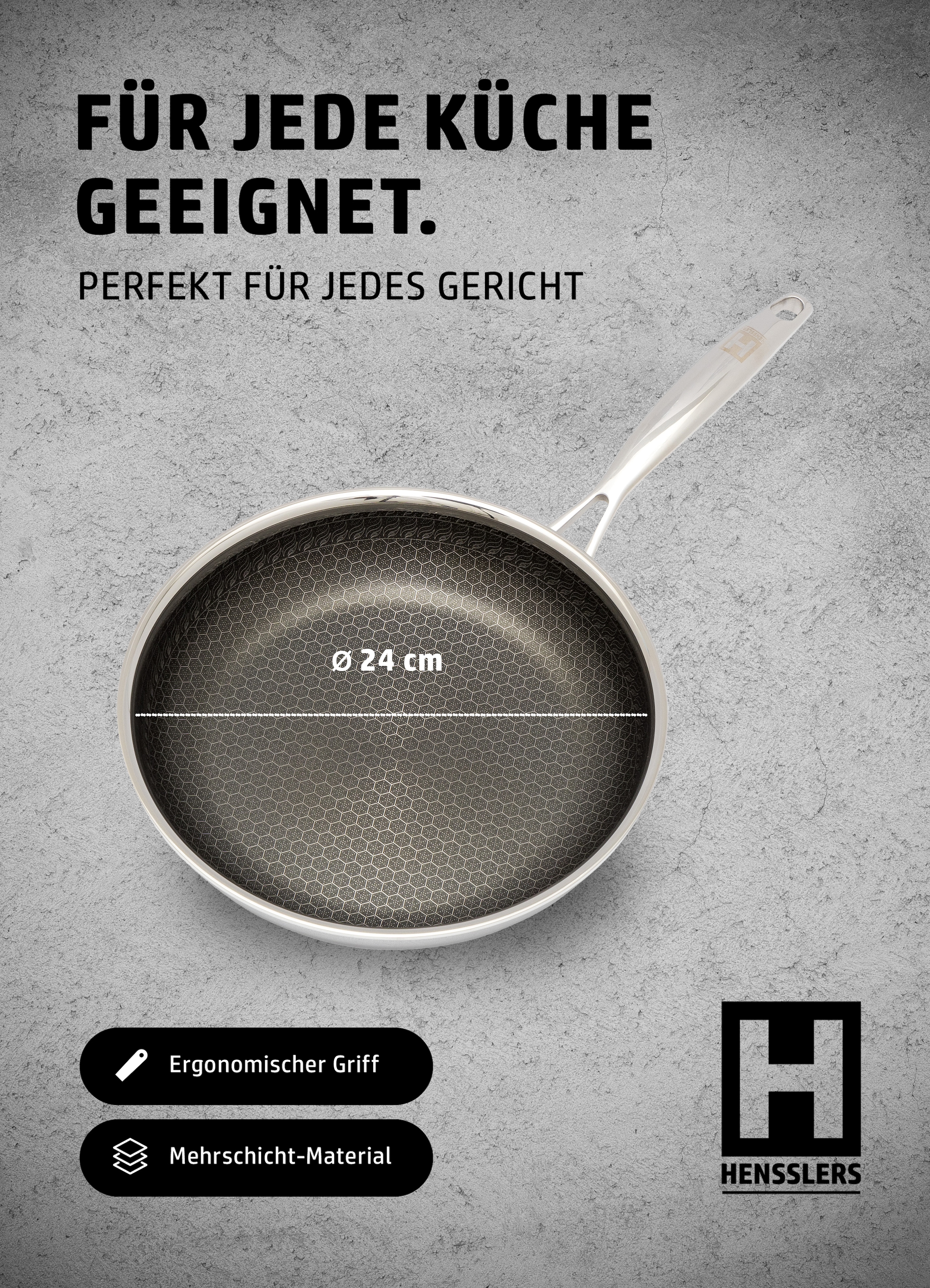 HENSSLERS Pfannen-Set »HENSSLERS Bratpfannen-Set, Ø 24 und 28 cm, inkl. Deckel« Edelstahl 4 Stk. tlg. mit Wabenstruktur