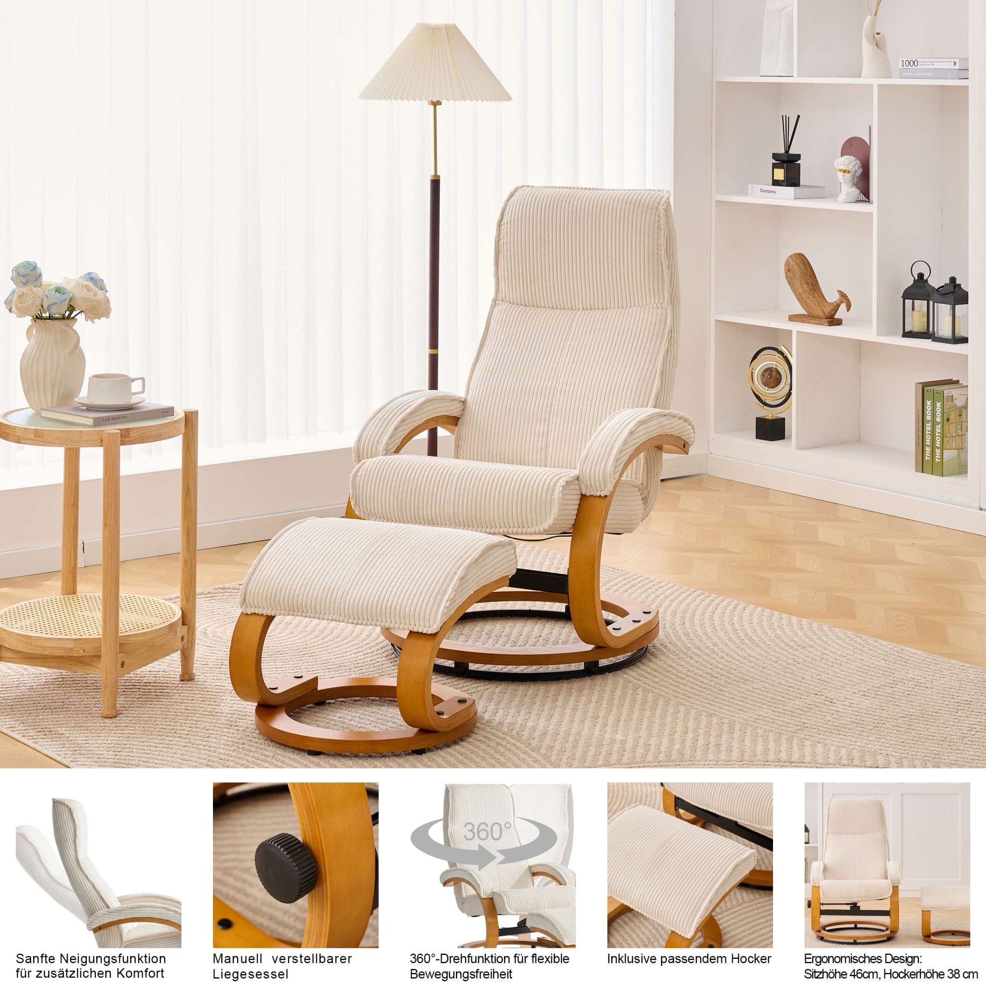 OTTO home Relaxsessel »mit Hocker PARIS neu: Cord - OTTO. Verlässliche Qualität.« bestehend aus Sessel und Hocker,  manuelle Relaxfunktion mit Drehfunktion, neu: Cord-Bezug