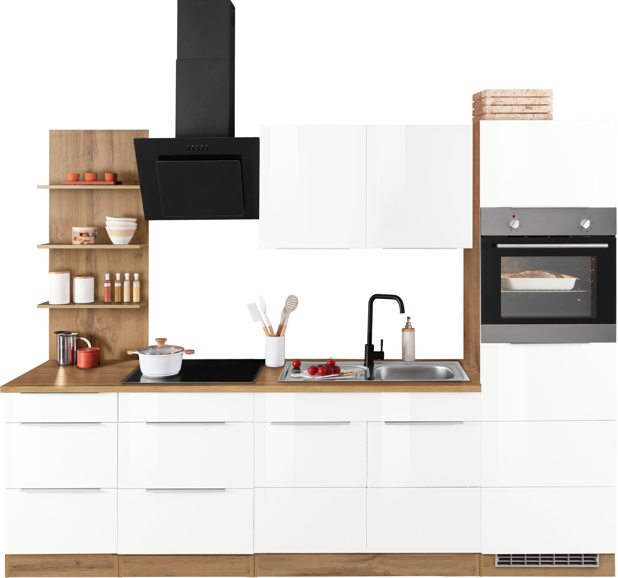 KOCHSTATION Küchenzeile "KS-Brindisi Breite 270 cm" wahlweise mit E-Geräten und Induktion, mit MDF-Fronten und Regal