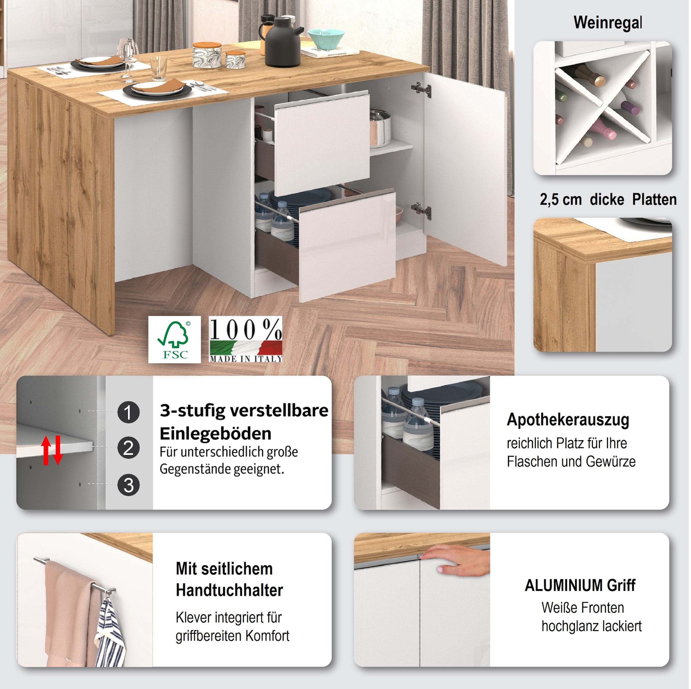 KOCHSTATION Kücheninsel »KS-Sole, Kochinsel, Küchenarbeitsblock, Inselküche, Arbeitsinsel«, Breite 152,5 cm, mit Essplatz, Handtuchhalter, Fächer und Weinregal