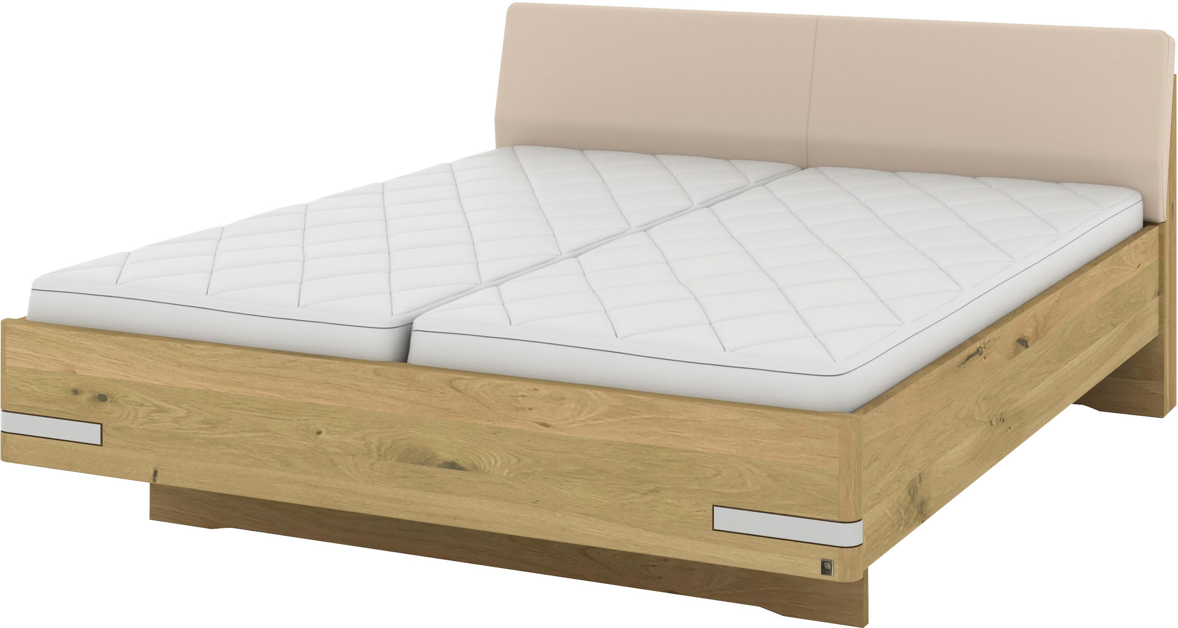 Musterring Holzbett »Savona, Bettgestell, Bettrahmen, teilmassiv Bianco-Eiche«, (Belastbarkeit 220 Kg, 4-fache Liegehöhenverstellung, MADE IN GERMANY), Kopfteil Kunstleder Champagner, Details in Chrom, verschiedene Größen