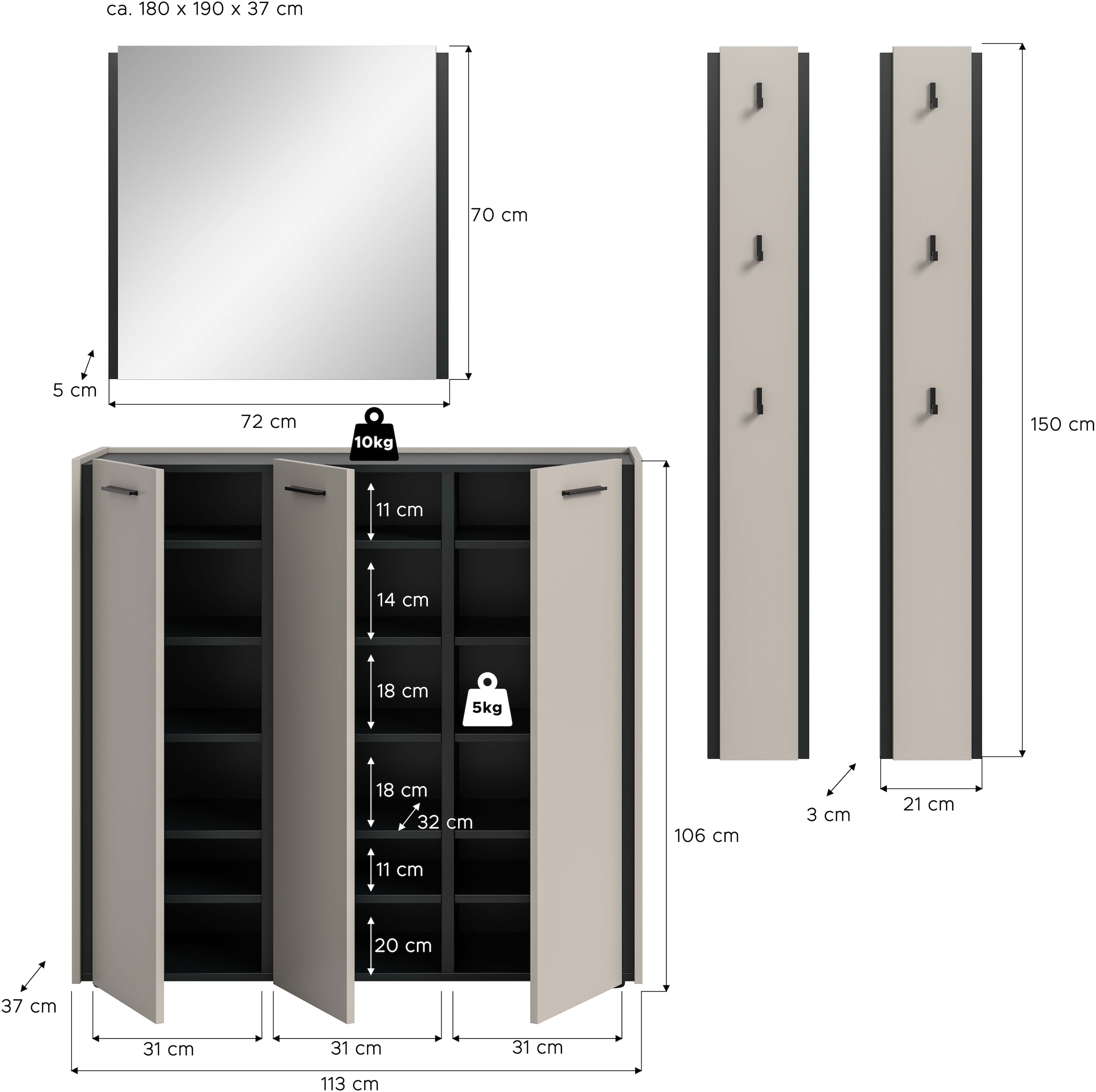 Home affaire Garderoben-Set »RAK, 4-teilige Garderoben-Kombination, Breite ca. 180 cm« Schuhkommode, Spiegel, 2x Hakenpaneel, 4 Stk. tlg.