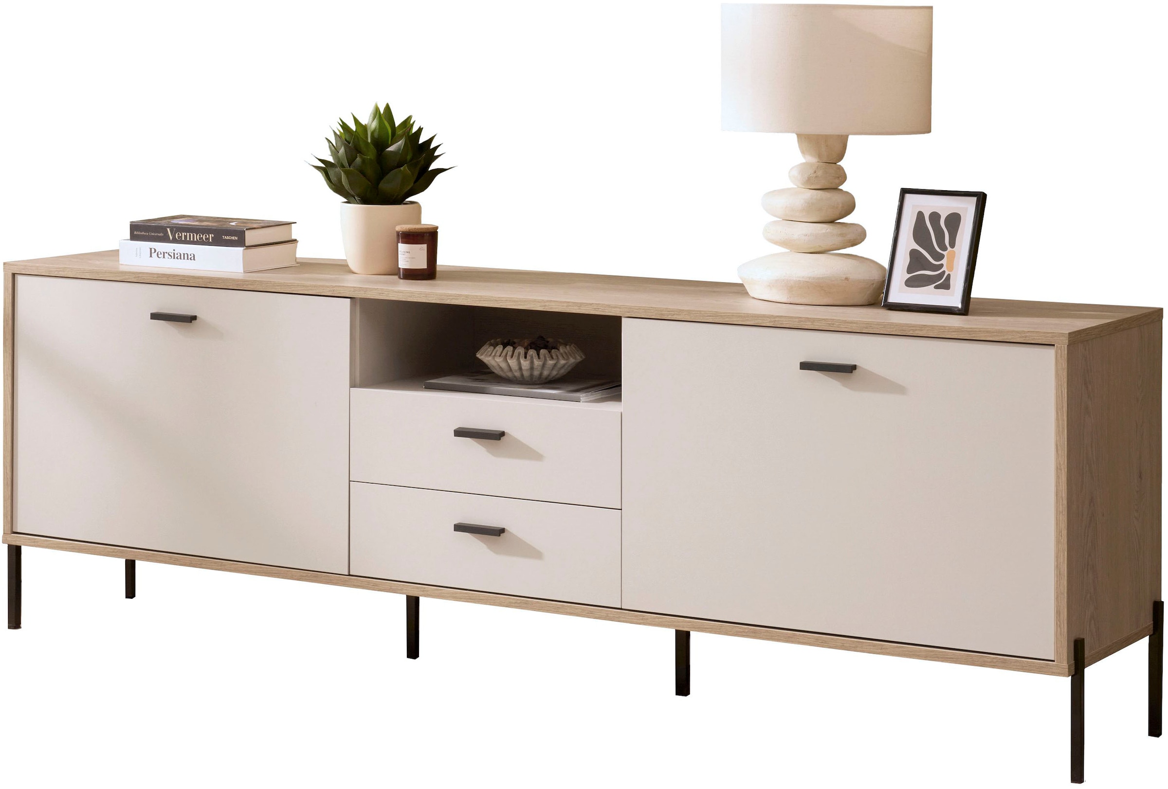 Home affaire Lowboard »Fredericia, TV-Schrank in Kaschmir, moderner TV-Unterschrank, Kommode« zeitlos, schwarze Metallgriffe und -füße, ausreichend Stauraum