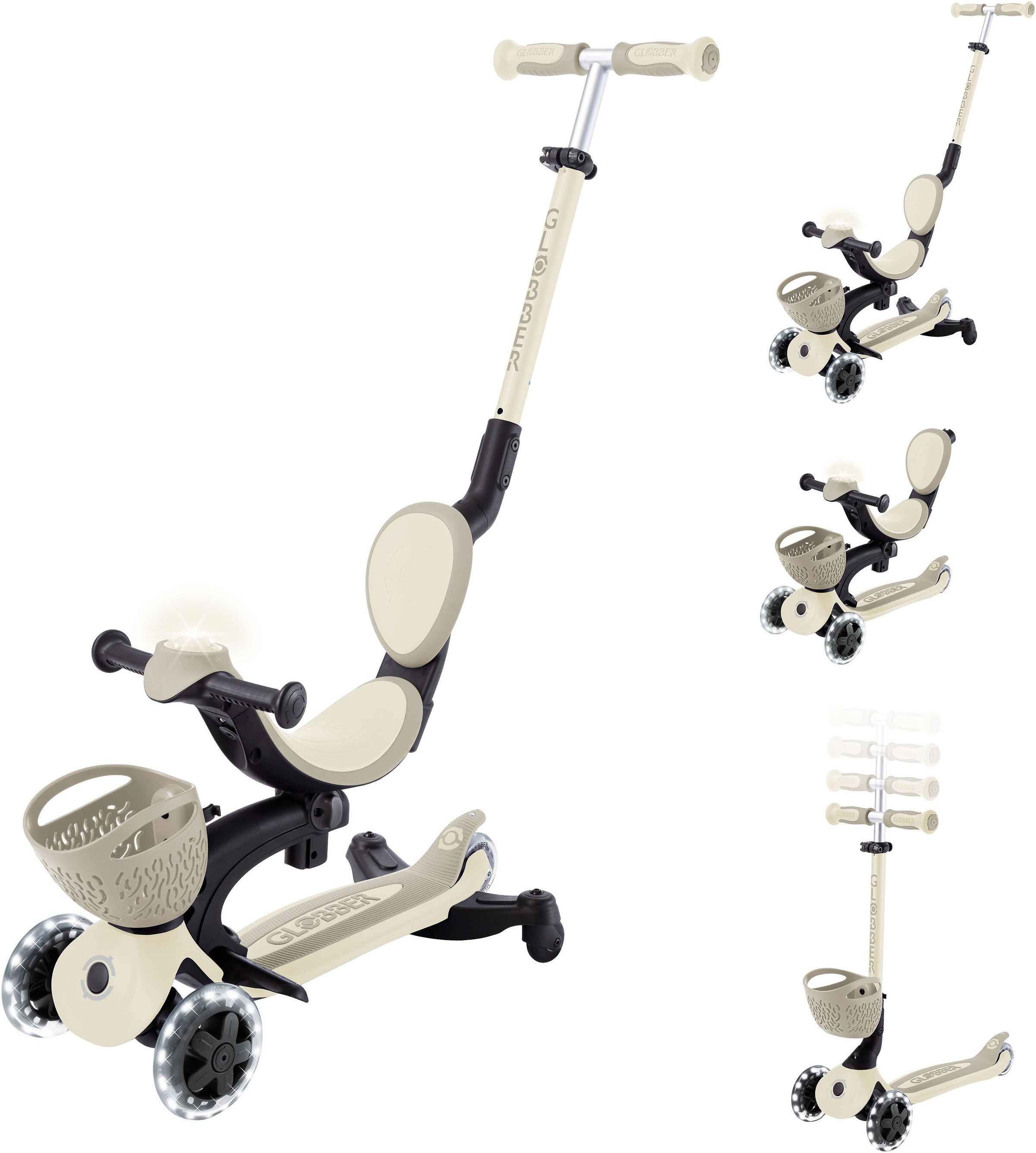 Globber Tretroller »GO-UP BABY 360 LIGHTS, mit Leuchtrollen und Leuchtmodul« Aufsitzrad, Laufrad und Scooter in Einem