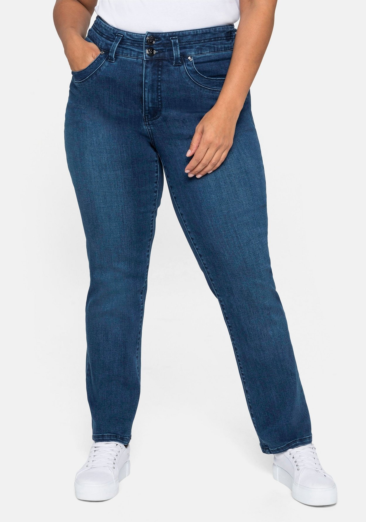 Sheego Gerade Jeans »Jeans MANUELA für eine schmale Taille und kräftige Oberschenkel«