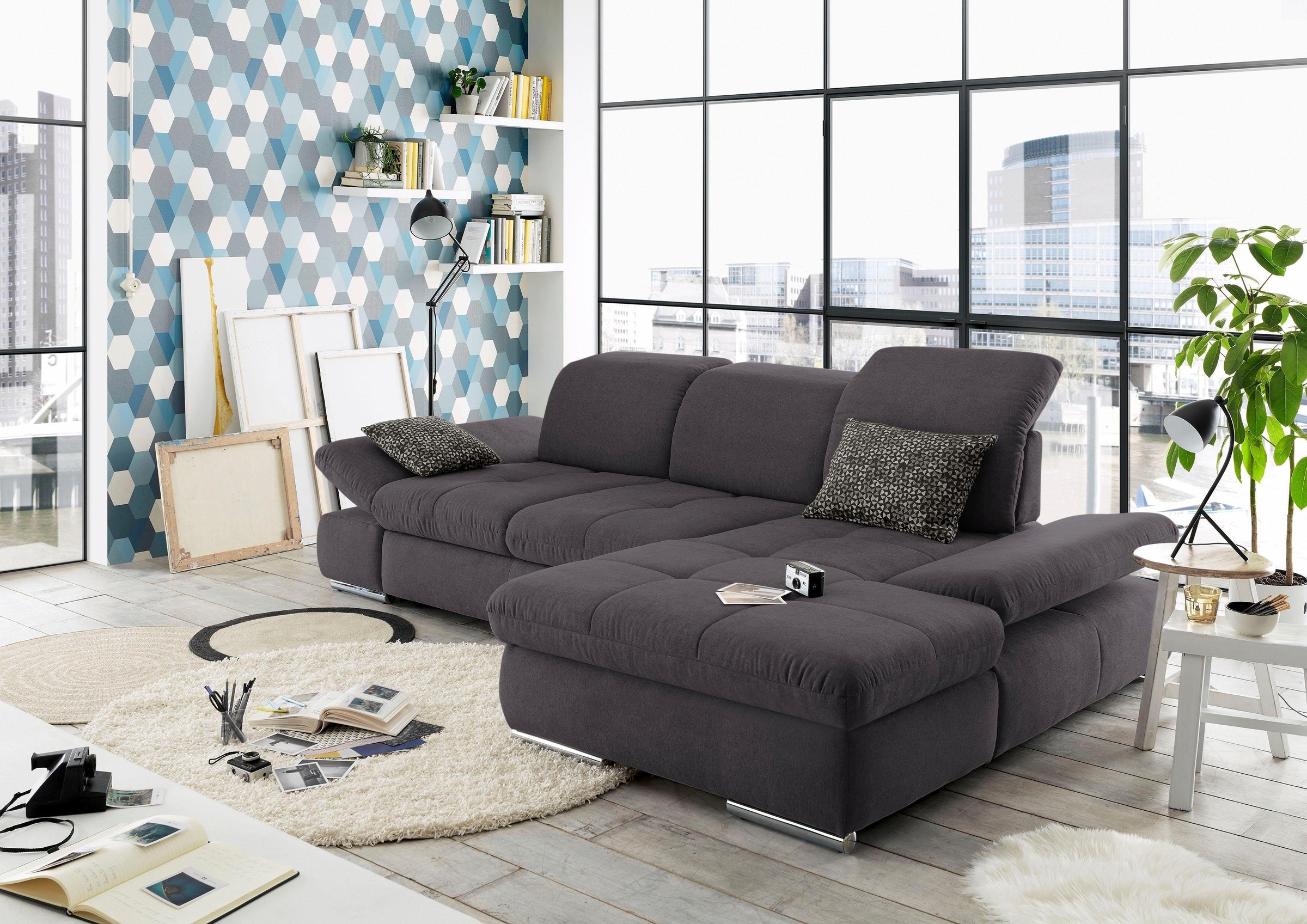 set one by Musterring Ecksofa »SO4100 V«, mit verstellbaren Kopfteilen, wahlweise mit Funktionen, Cord-Bezug