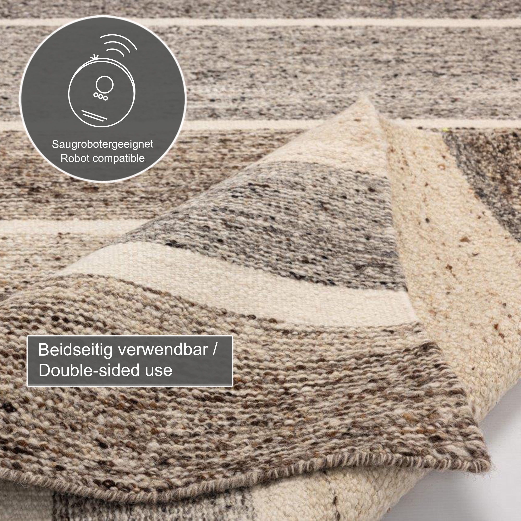 THEKO Wollteppich »Ehrwald TK-155« rechteckig 12 mm Höhe Wendeteppich, besonders flach, reine Wolle, handgewebt, gestreift