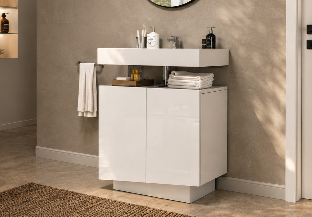 welltime Waschbeckenunterschrank »Vela,Breite 60cm, 2 Türen, 2 Fächer, mit Siphonausschnitt, lackiert« 1 Stk. tlg. Waschbeckenunterschrank,Waschtisch,Design mit schrägen Türen
