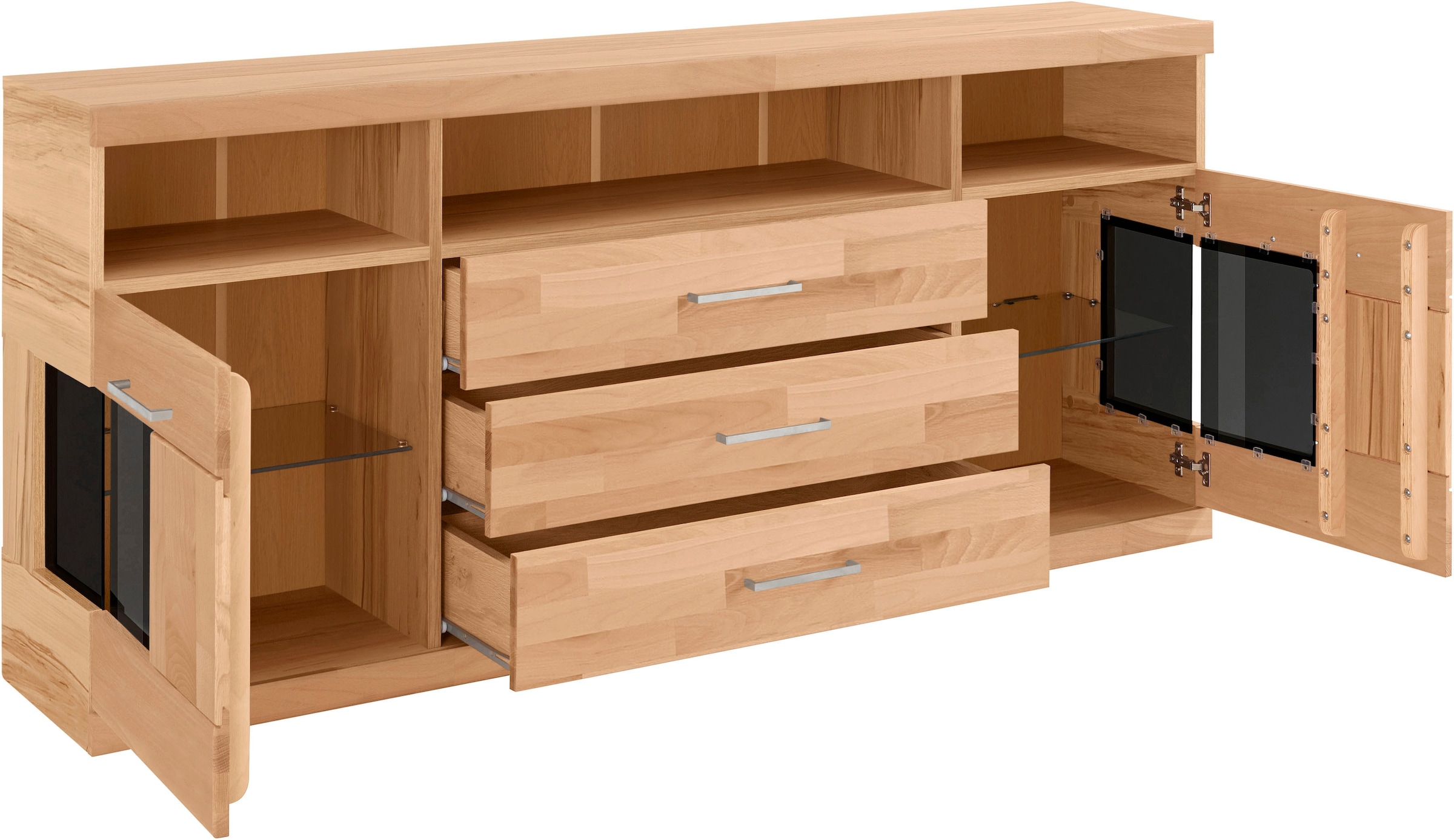 Home affaire Sideboard »Ribe,180cm breit, Fronten Massivholz,7 Fächer,Böden versetzbar«, Korpus Holzwerkstoff,Türen mit Glaseinsatz,3 breite Schubladen