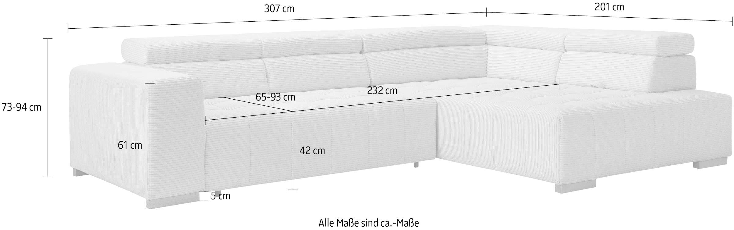 exxpo - sofa fashion Ecksofa »Elianos, hoher Sitzkomfort, aufwendige Kreuzsteppung im Sitz, L-Form«, Kopfteile & Sitztiefe verstellbar, ohne Bettfunktion, Cord, beige