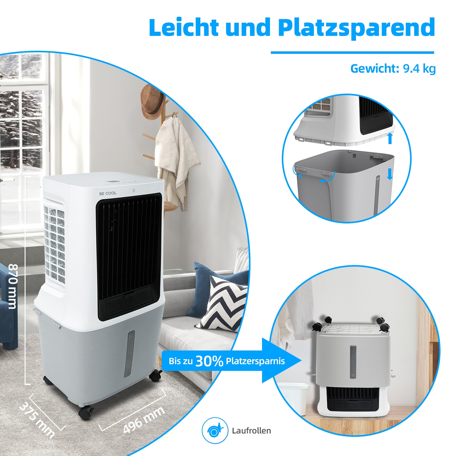 be cool Ventilatorkombigerät »Premium Luftkühler 40l mit Wifi und abnehmb. 30l Tank«, abnehmbarer Wassertank, Spezial Vortex Rotor, WiFi