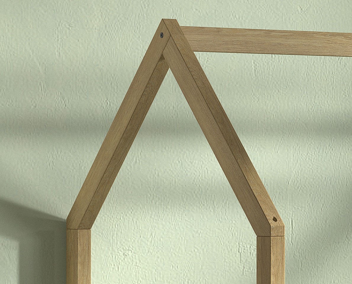 Vipack Hausbett »Cabane, mit Dachaufbau und Sprossenumrandung in Landhaus-Optik«, (B/H/T ca. 208x169x98 cm) aus massiver Eiche, Oberfläche Natur), sehr stabil und standfest gebaut inkl. Massivholz Rolllattenrost