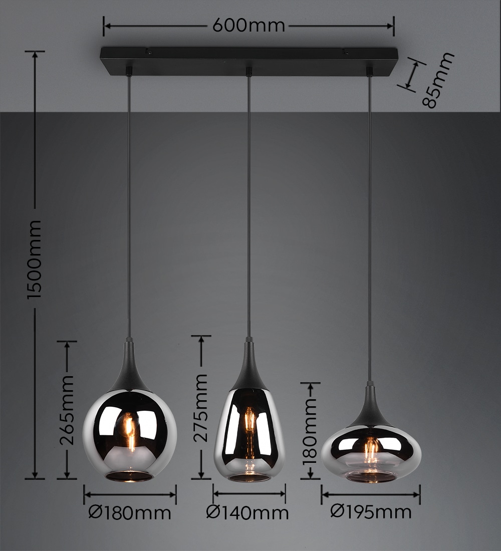 TRIO Leuchten Pendelleuchte »Lumina«, 3 flammig, Leuchtmittel E14 | ohne Leuchtmittel, Hängelampe 3-flammig Glasschirm, exkl 3xE14 max 40W höhenverstellbar
