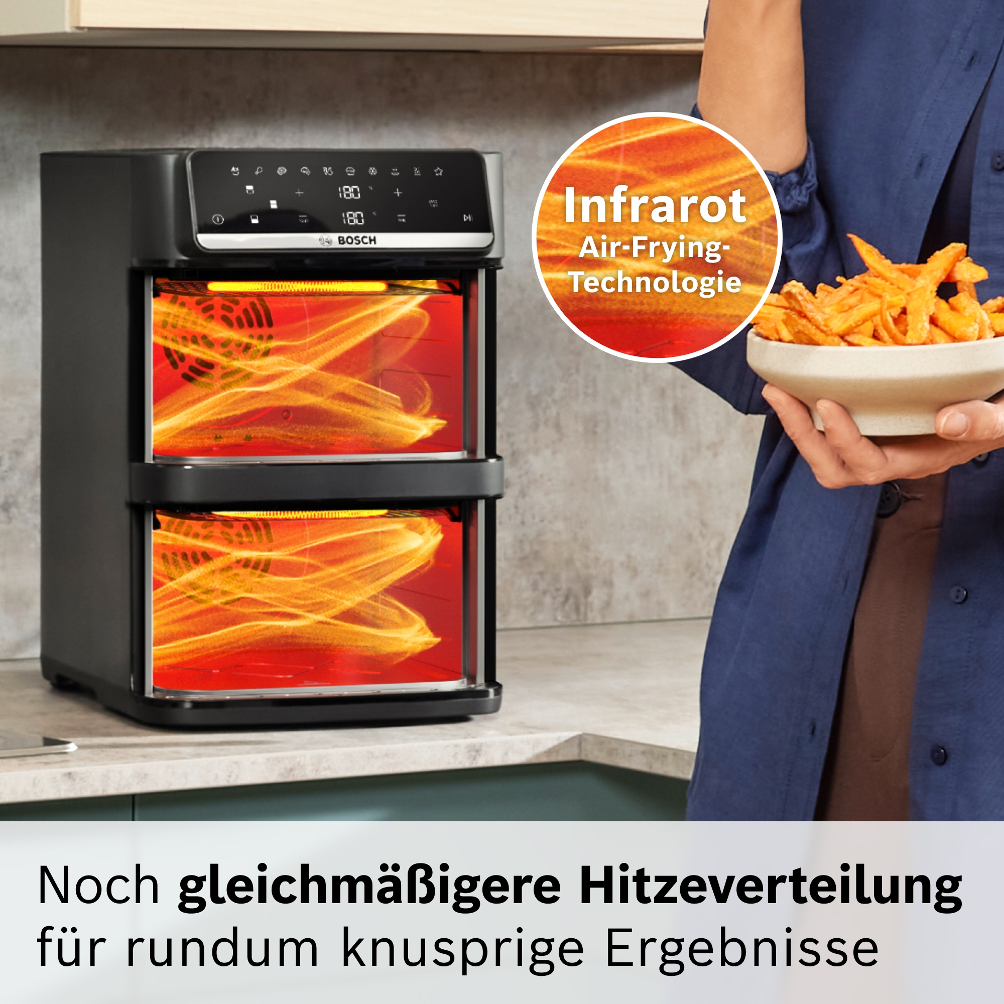 BOSCH Heißluftfritteuse »Serie 6 MAFD661B0, XXL Heißluftfritteuse, 12L, PFAS frei, Doppelkammer« 2800 W platzsparend, einfache Reinigung, weniger Fett, 6 Programme, schwarz