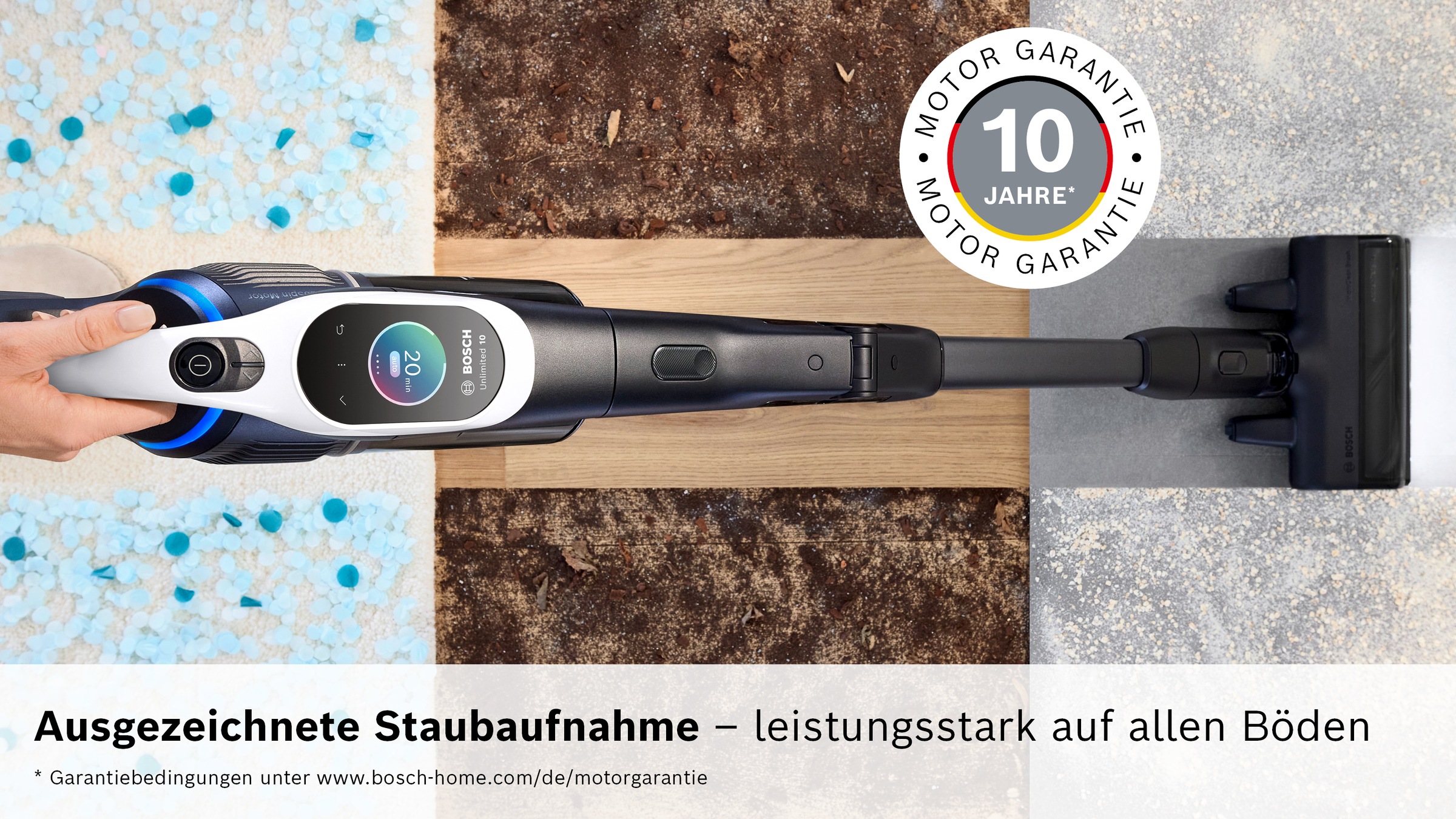 BOSCH Akku-Stielstaubsauger »Unlimited 10 BTS1042WAC, MicroClean™ Technology, 10 J. Motorgarantie« Display, Knickrohr, HEPA-Filtersystem, Schnellladegerät, 2 Akkus, weiß