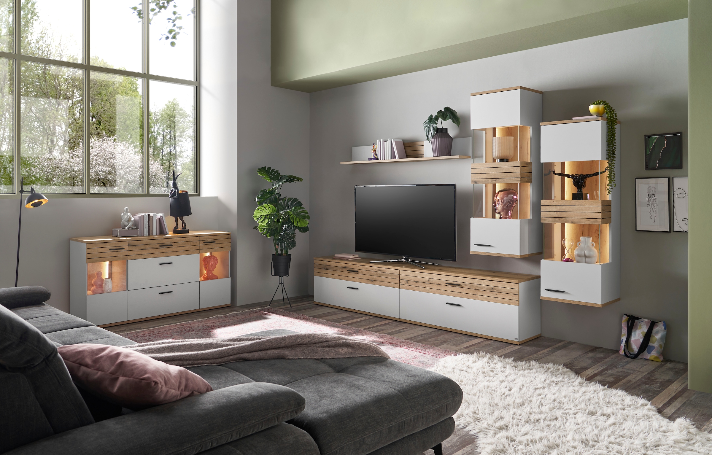 set one by Musterring Sideboard »Quincy« 1 Stk. tlg. Mit Glasausschnitt und LED, in Anthrazit/Lichtgrau erhältlich, 160 cm