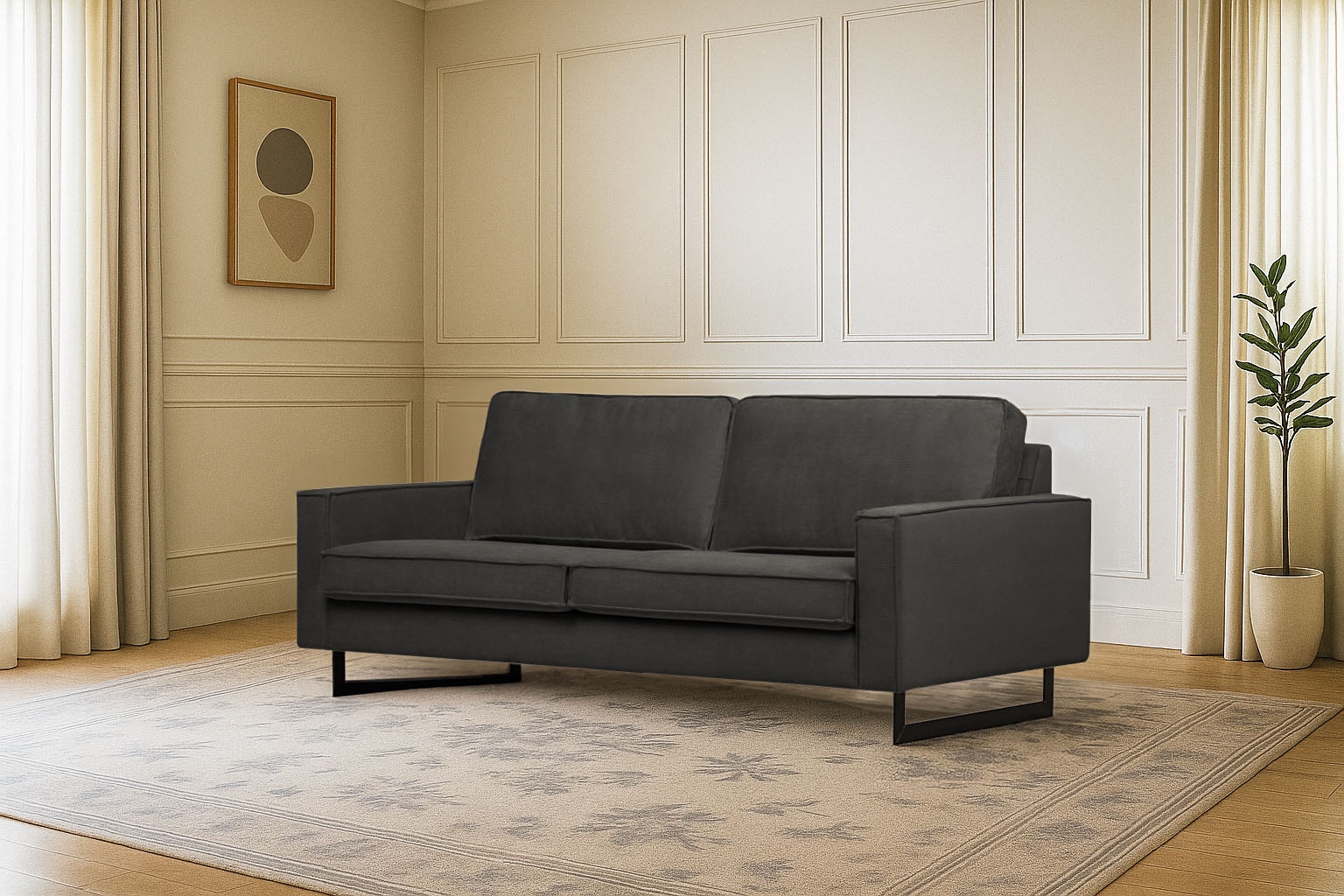 Home affaire 3-Sitzer »Pinto, 206 cm, Cord, Chenille, Lederoptik« mit Keder, schwarze Metallfüße, Wellenunterfederung