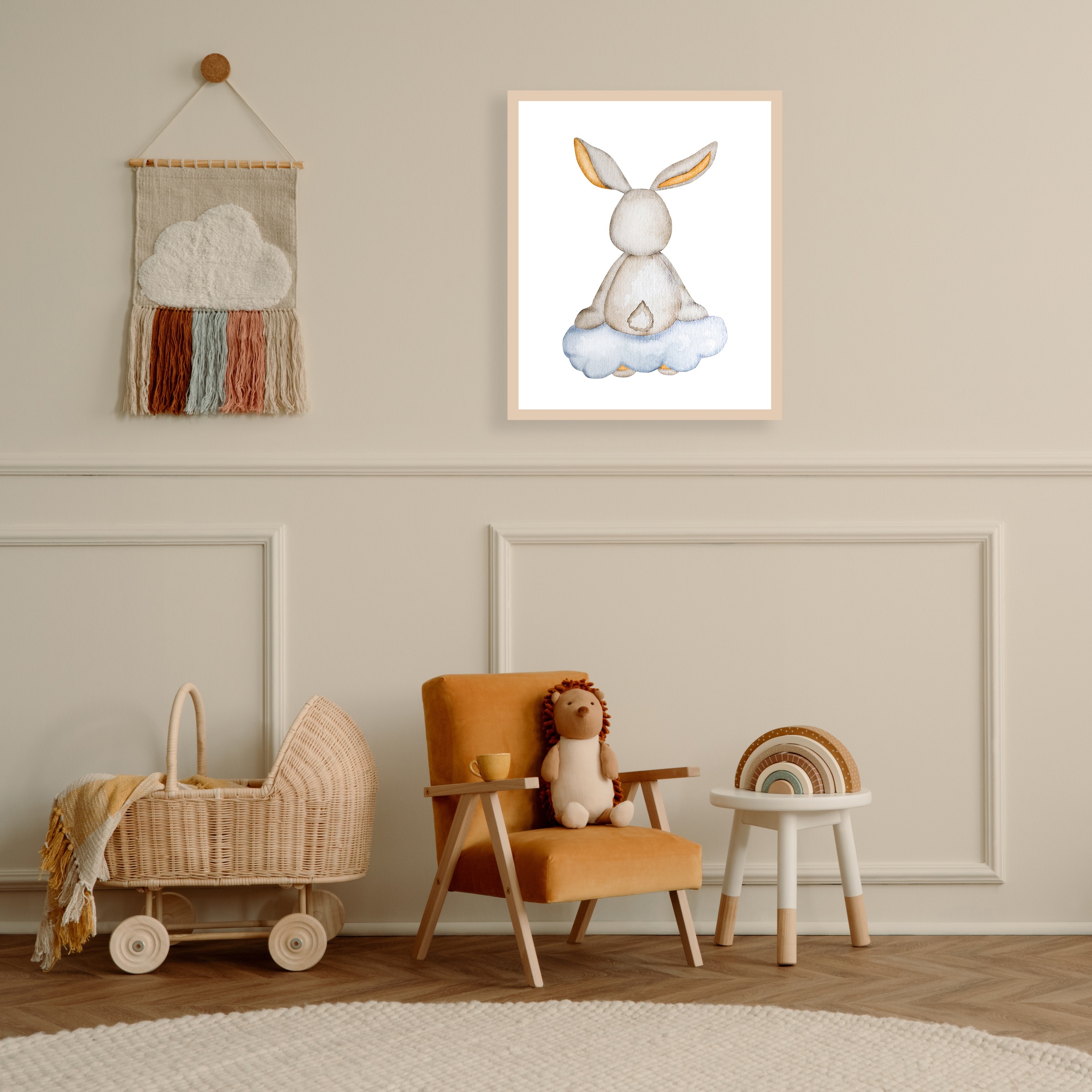 Lüttenhütt Bild mit Rahmen »Hase auf Wolke«, Fantasy-Hase-Hasen-Tiere, (1 St.), Premium Rahmenbild, Motive in wunderschönen Pastelltönen