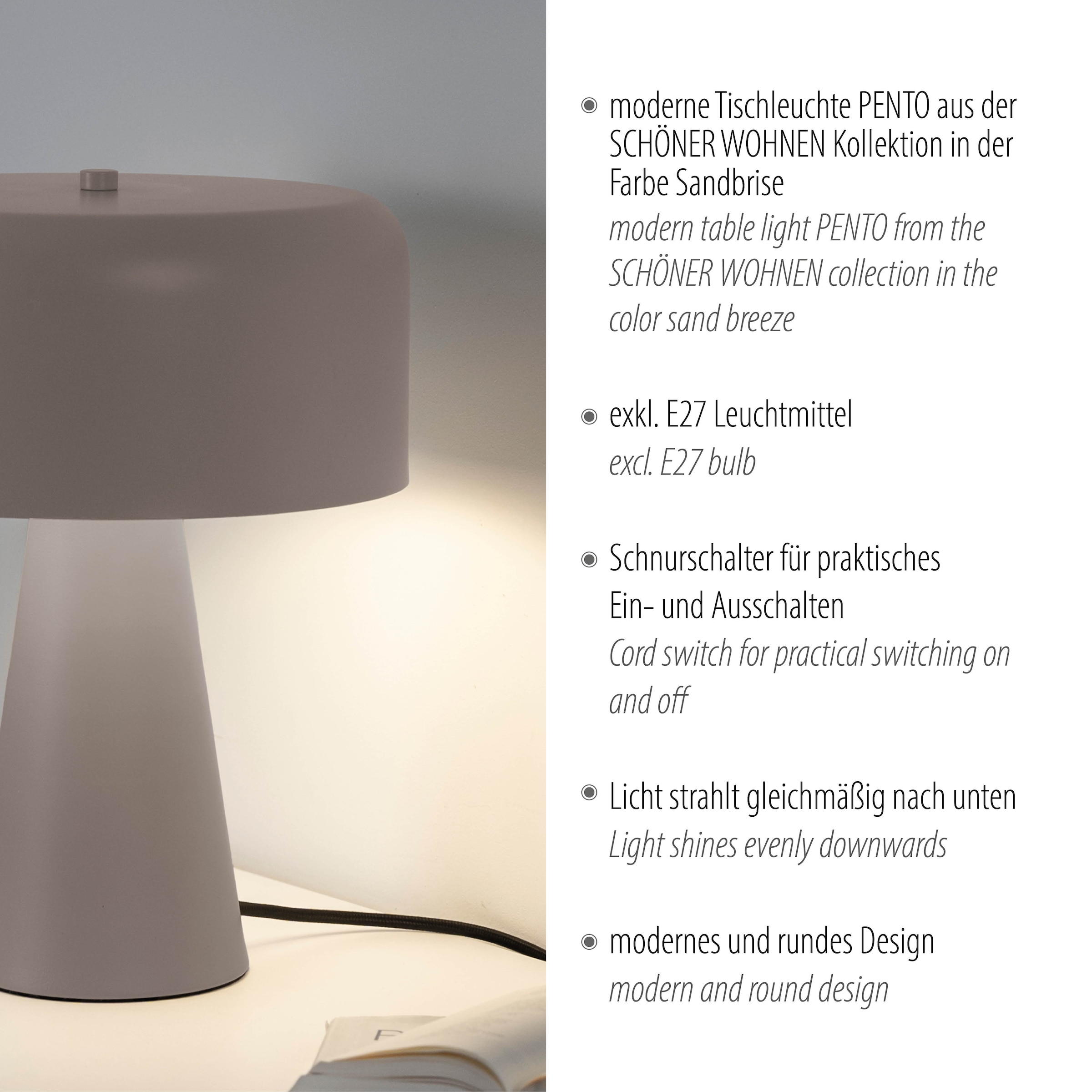 SCHÖNER WOHNEN-Kollektion LED Tischleuchte »PENTO« E27 1 Stk. SCHÖNER WOHNEN Kollektion, Schnurschalter, Downlight