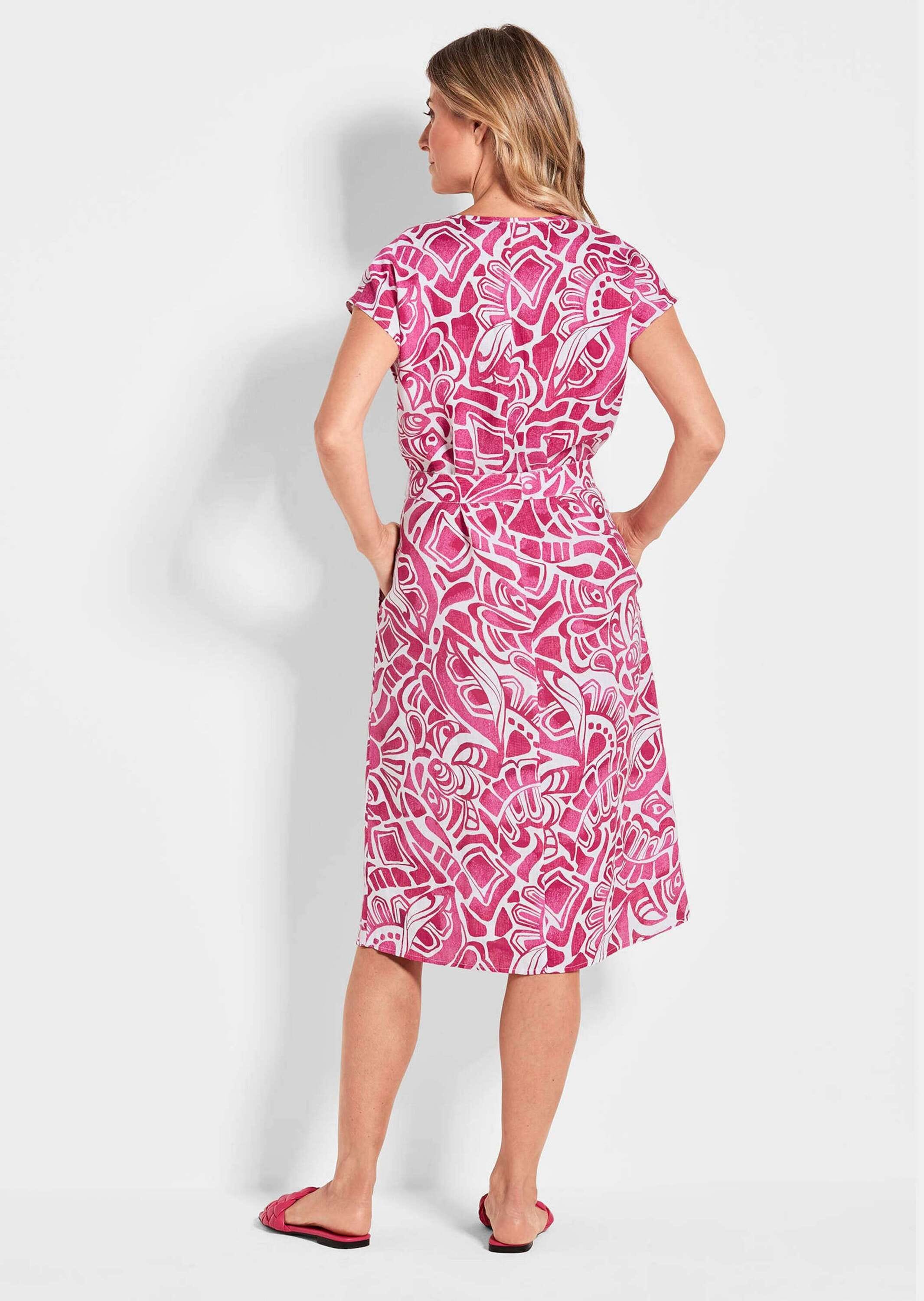 GOLDNER »Kurzgröße Leinenkleid Ethno, Halbarm« Eingrifftaschen Mit Bindegürtel und Taschen