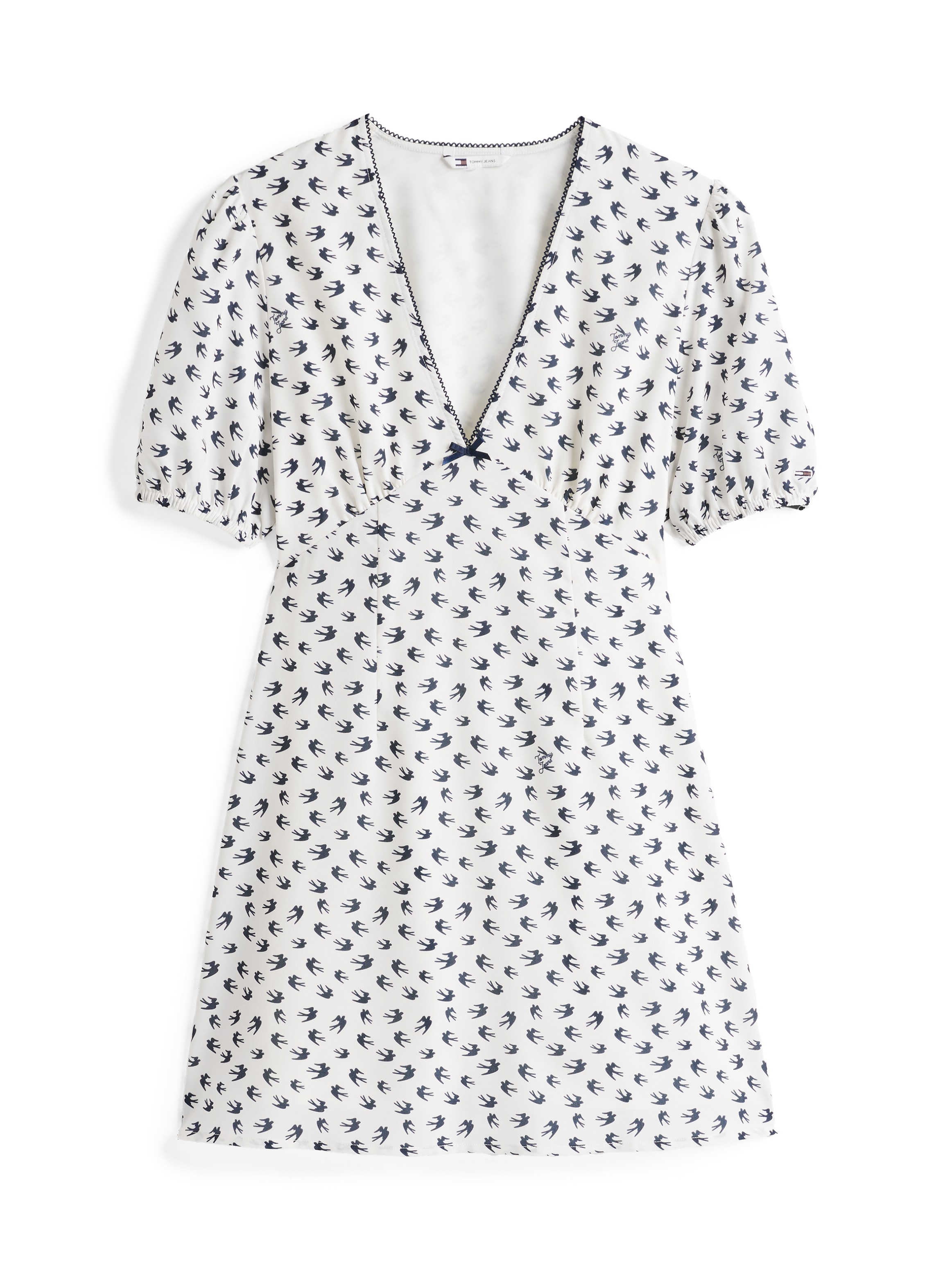 Tommy Jeans Minikleid »TJW SS CREPE MINI DRESS«, mit Schleifendetail, Vogelmuster