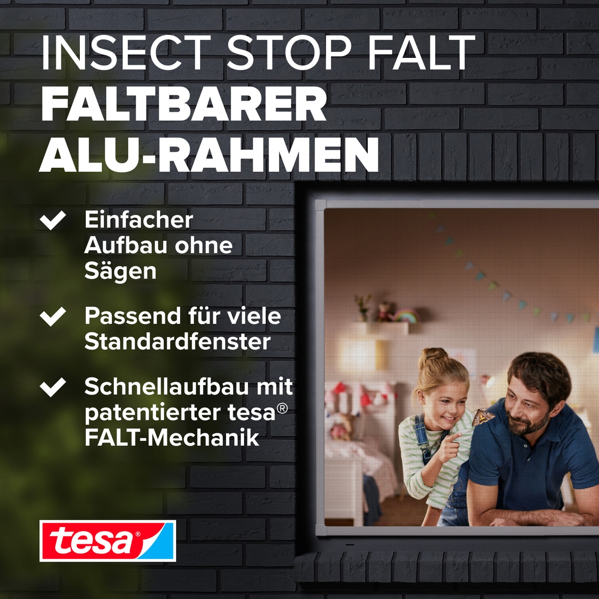 tesa Insektenschutz-Fensterrahmen »Insect Stop Falt Fliegengitter für Fenster - min 0,8 m bis max. 1,4 m«, Mückenschutz-verstellbarem Rahmen aus Aluminium-ohne bohren