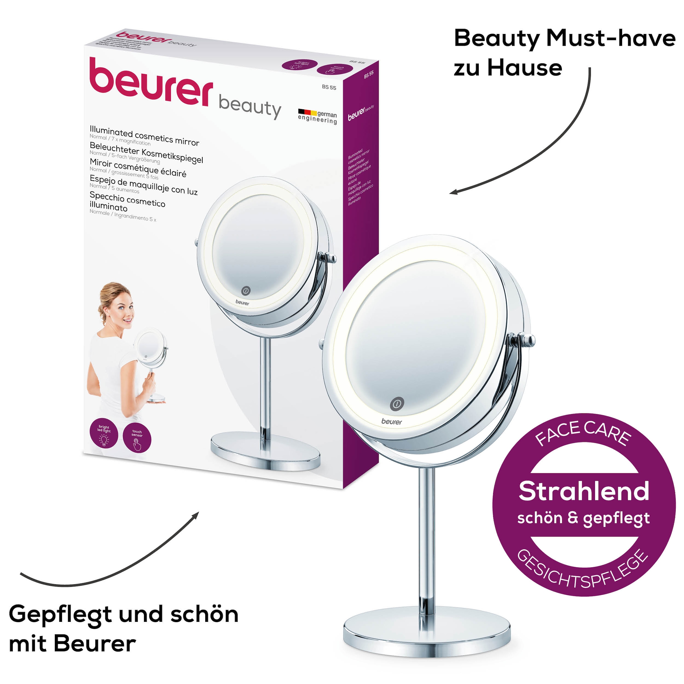 BEURER Kosmetikspiegel »BS 55 beleuchteter Kosmetikspiegel mit 7-facher Vergrößerung«, Beauty-Spiegel mit LED-Licht und Dimmfunktion, 2 Spiegelflächen