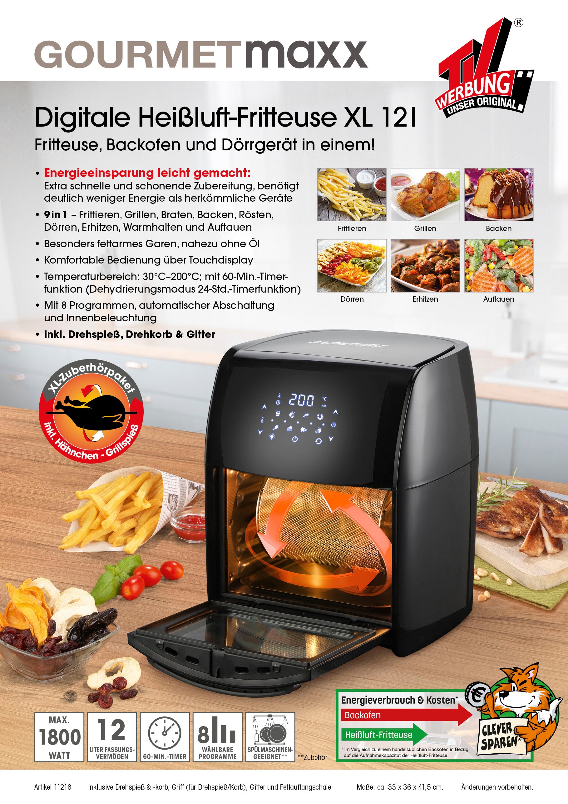 GOURMETmaxx Fritteuse »Heißluft-Ofen 11216 Digital 12l«, 1800 W
