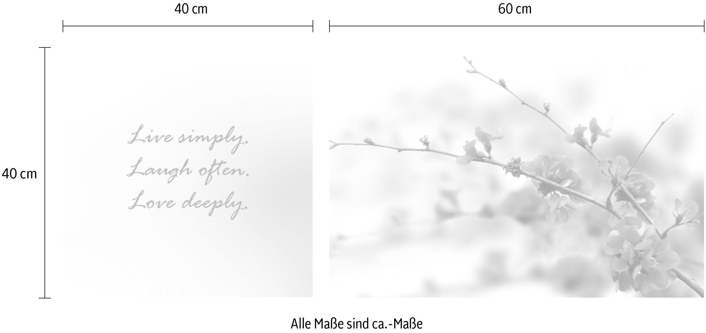 queence Leinwandbild »Live, Laugh & Love« Blumen | Blumenbilder | Kunst | Modern | Schriftzug | Schriftzüge | Spa | Spa Bilder | Sprüche | Sprüche & Texte Set,  Premium-Leinwandstoff, Handarbeit aus Deutschland, Spruch, 2er Set