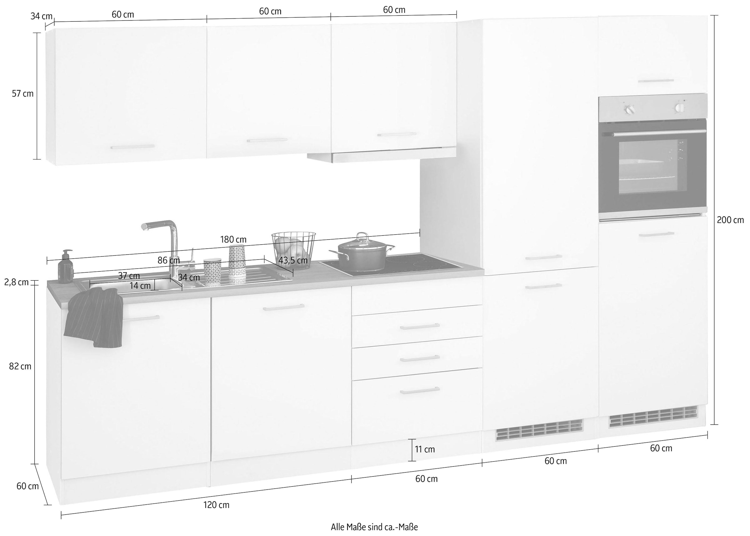 KOCHSTATION Küchenzeile »KS-Visby«, mit E-Geräten, Breite 300 cm inkl. Kühl/Gefrierkombination