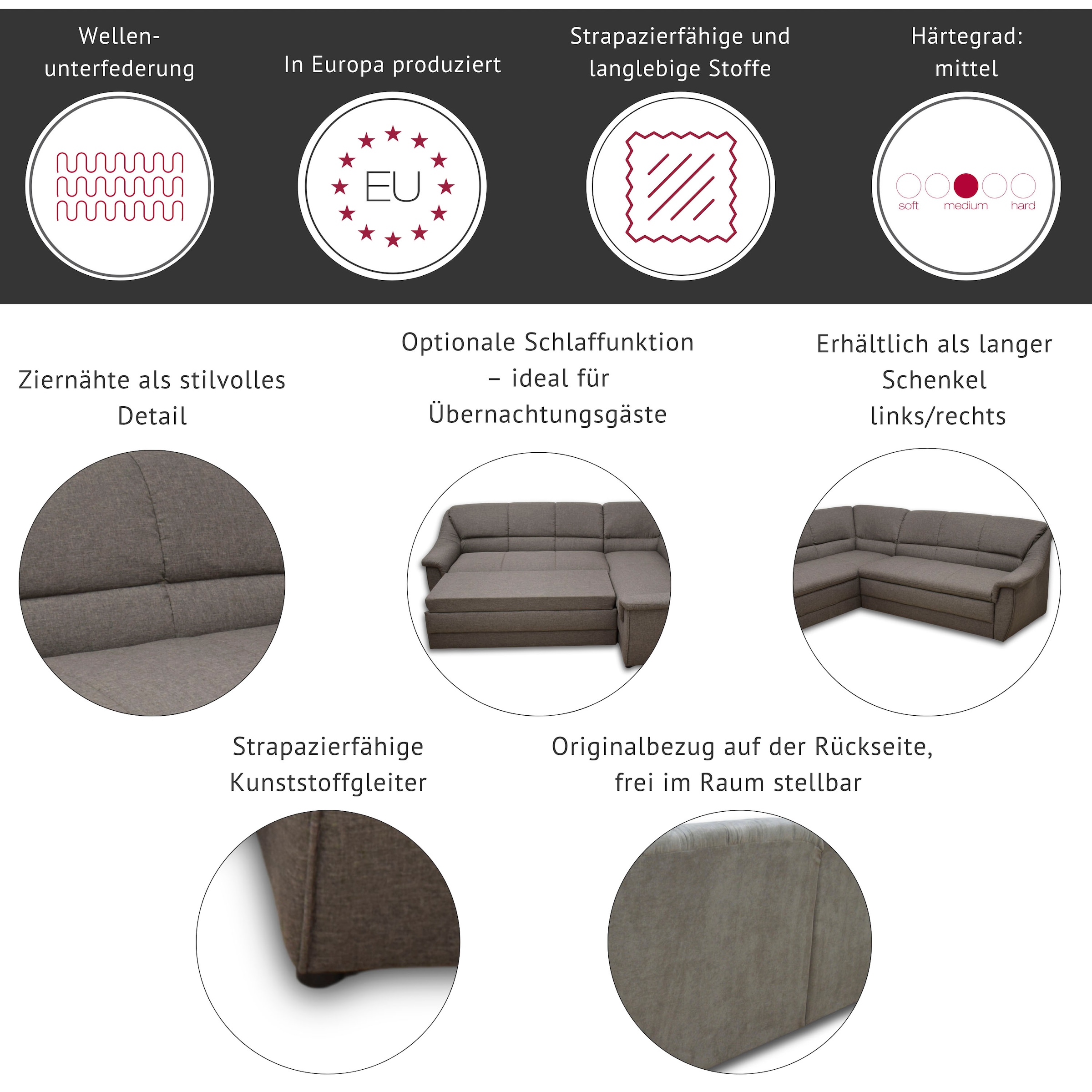 DOMO collection Ecksofa »Lale zeitlose Formensprache, komfortabel, L-Form« mit langem Schenkel, wahlweise mit Bettfunktion