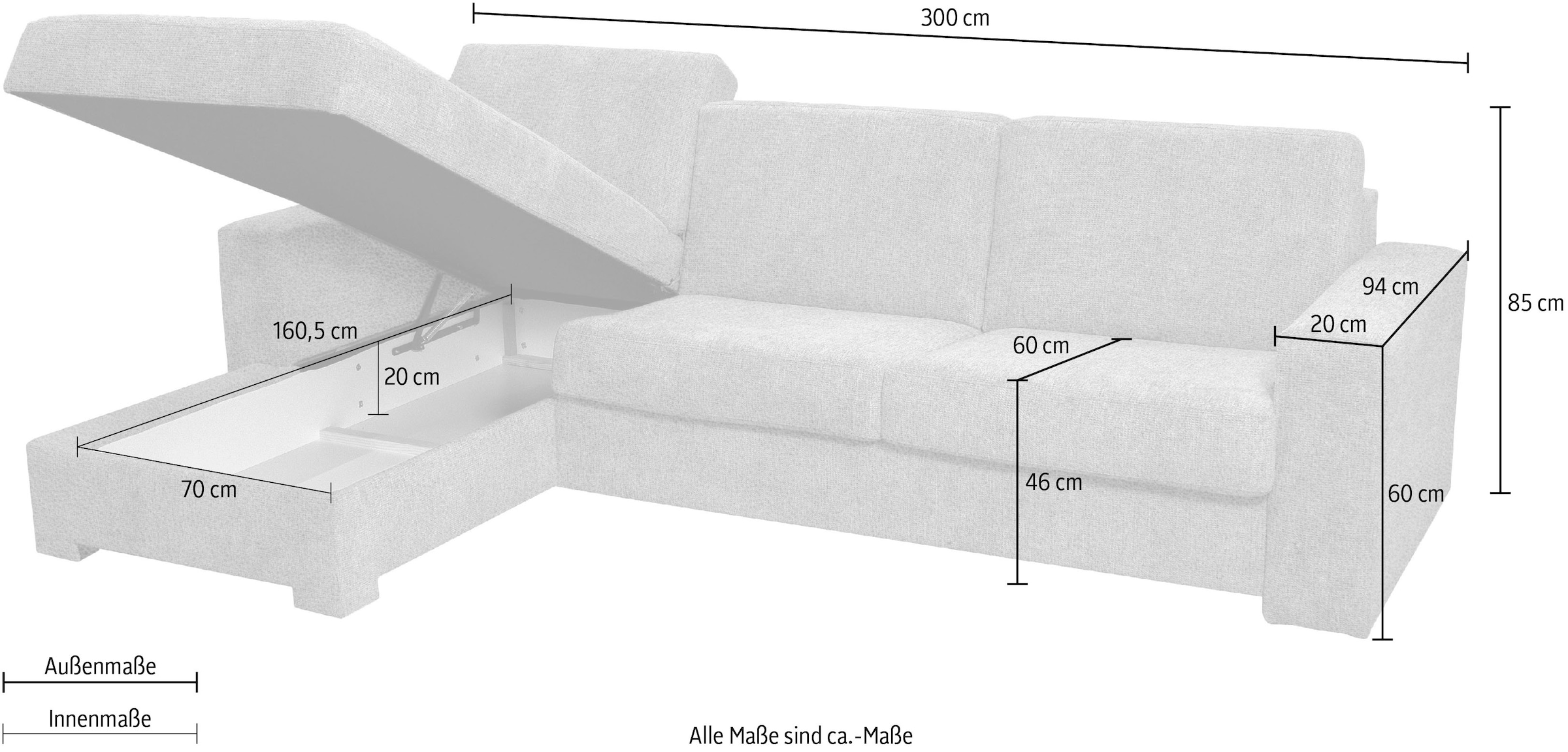 Home affaire Ecksofa Roma "L" Dauerschlaffunktion, mit Unterfederung, Matratzenhöhe 14cm, Liegemaße ca 163x198 cm, L-Form