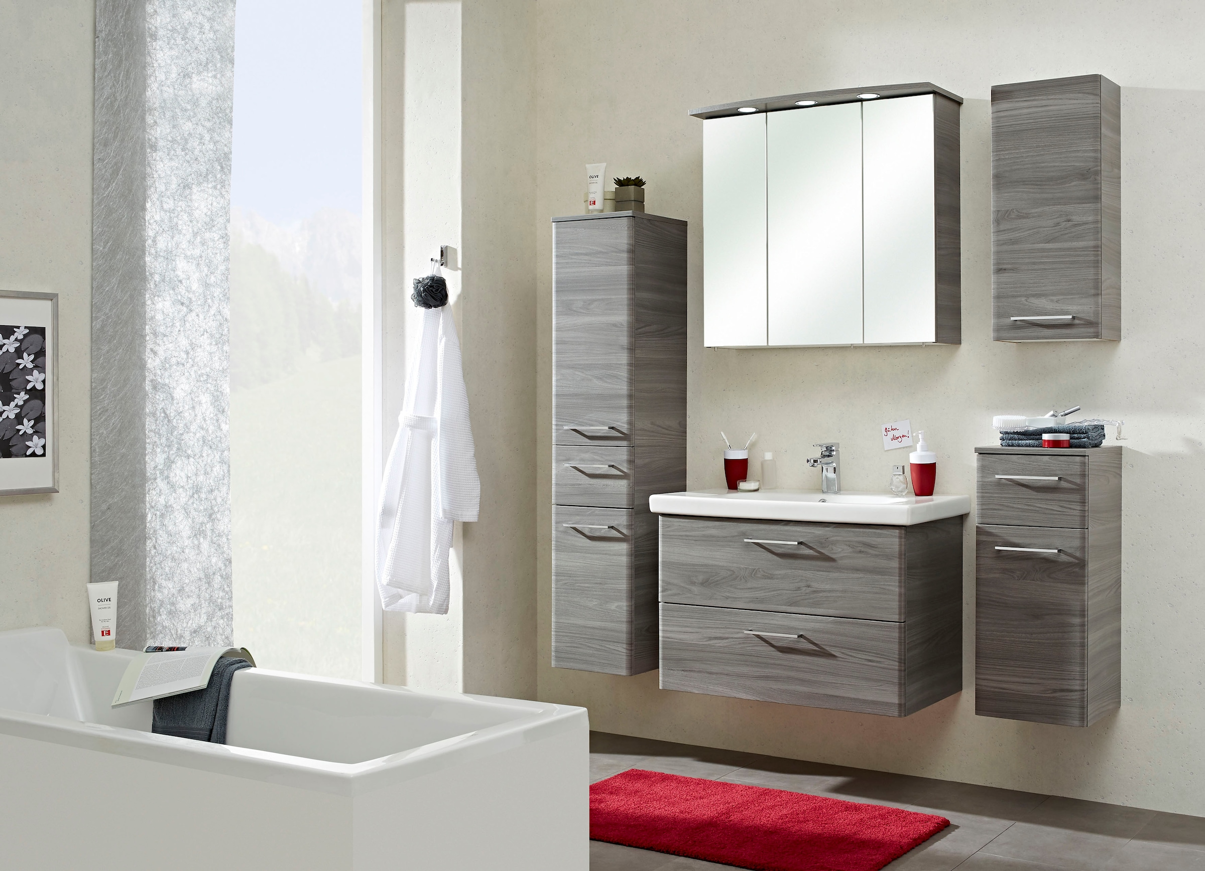 Saphir Spiegelschrank »Quickset 916 Badschrank, 3 Spiegeltüren, 6 Einlegeböden, 75 cm breit«, inkl. LED-Beleuchtung, Türdämpfer, Schalter-/Steckdosenkombination