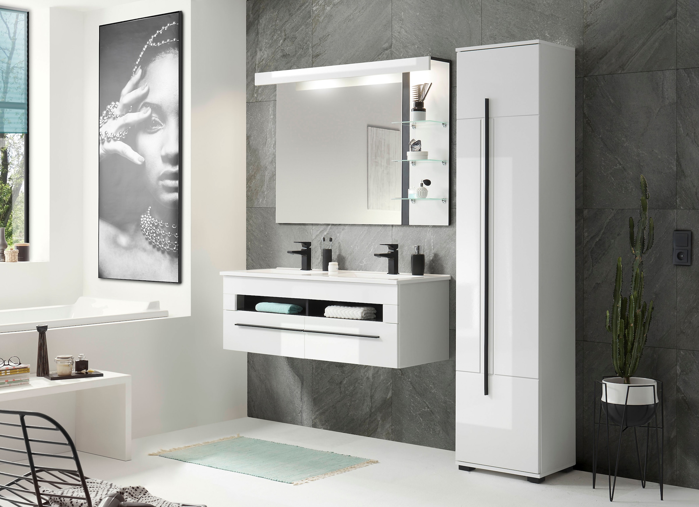 Home affaire Hochschrank »Cantara, Badschrank in Hochglanz Weiß, Hochschrank im modernen Design« mit schwarzen Griffen, ausreichend Stauraum