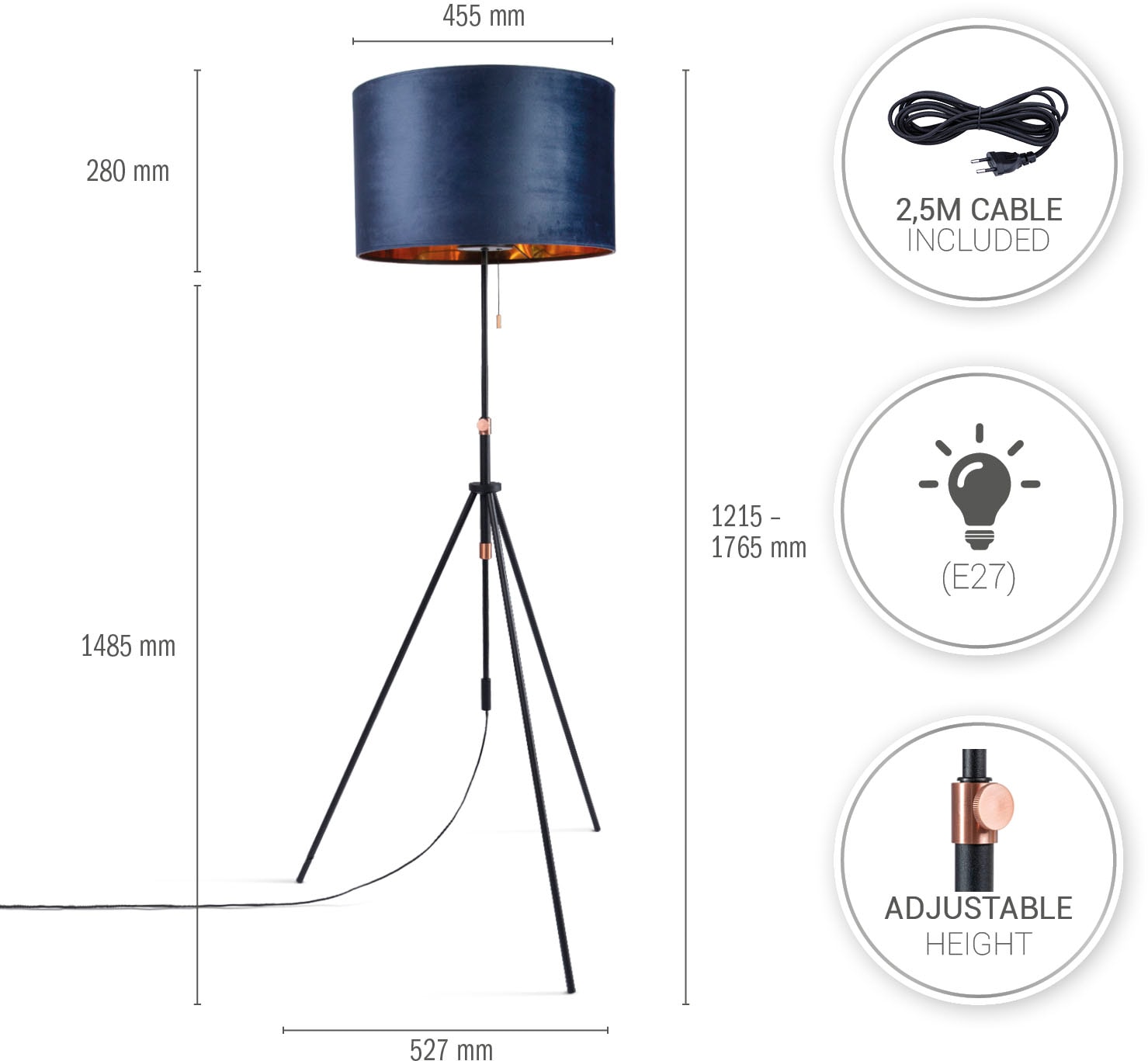 Paco Home Stehlampe »Naomi uni Color«, Leuchtmittel E27 | ohne Leuchtmittel, Wohnzimmer Höhenverstellbar 121,5 bis 176,5 cm Zugschalter Velour