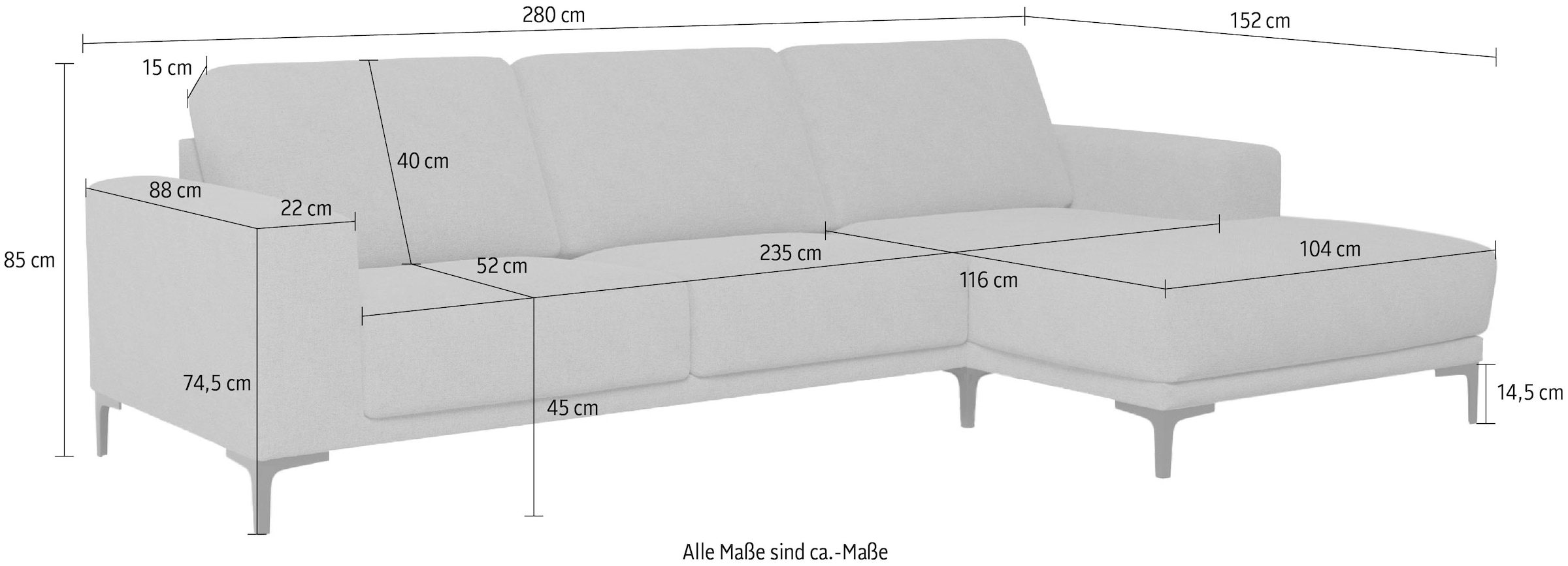 Places of Style Ecksofa »Xander, L-Form,«, Breite 280 cm, Webstoff, Soft-Touch Chenille, schwarze Metallfüßen