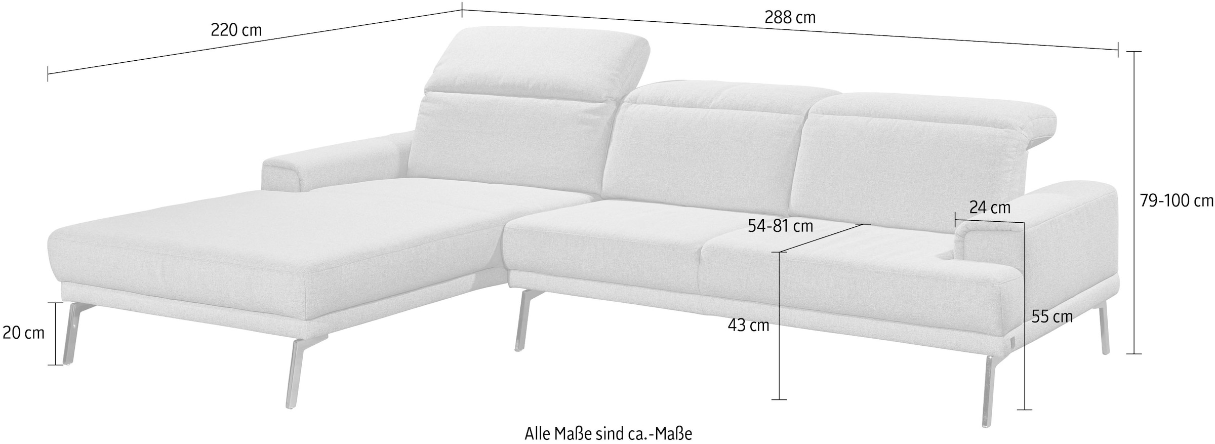 Musterring Ecksofa »MR 4580«, mit Kopf- und Sitztiefenverstellung, Metallfuß chrom, 288 x 193/220cm