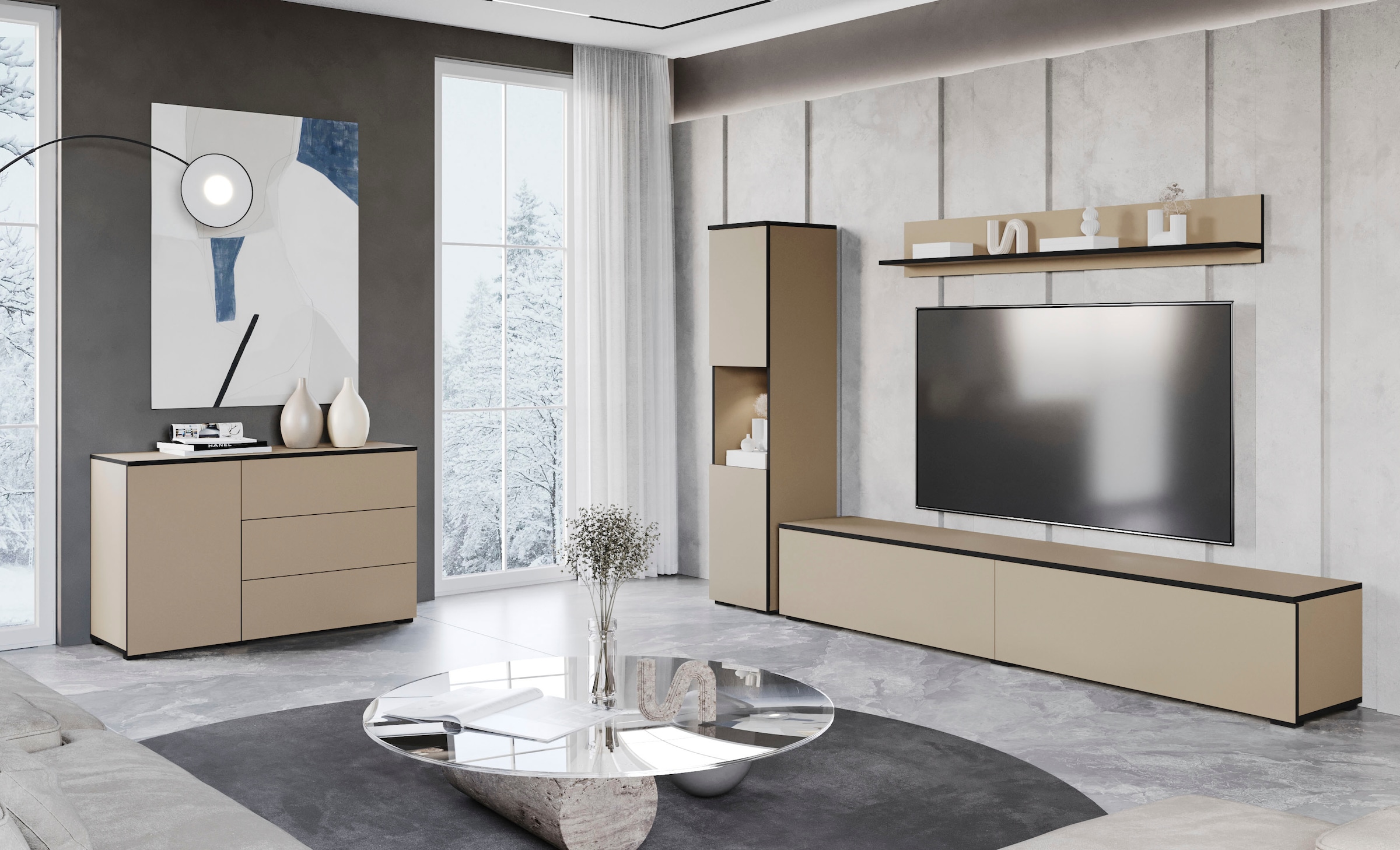 INOSIGN Wohnwand »PARIS, Vitrine Türanschlag links/rechts wechselbar«, (Komplett-Set, 3 St.), grifflose Design, stehend und hängend montierbar